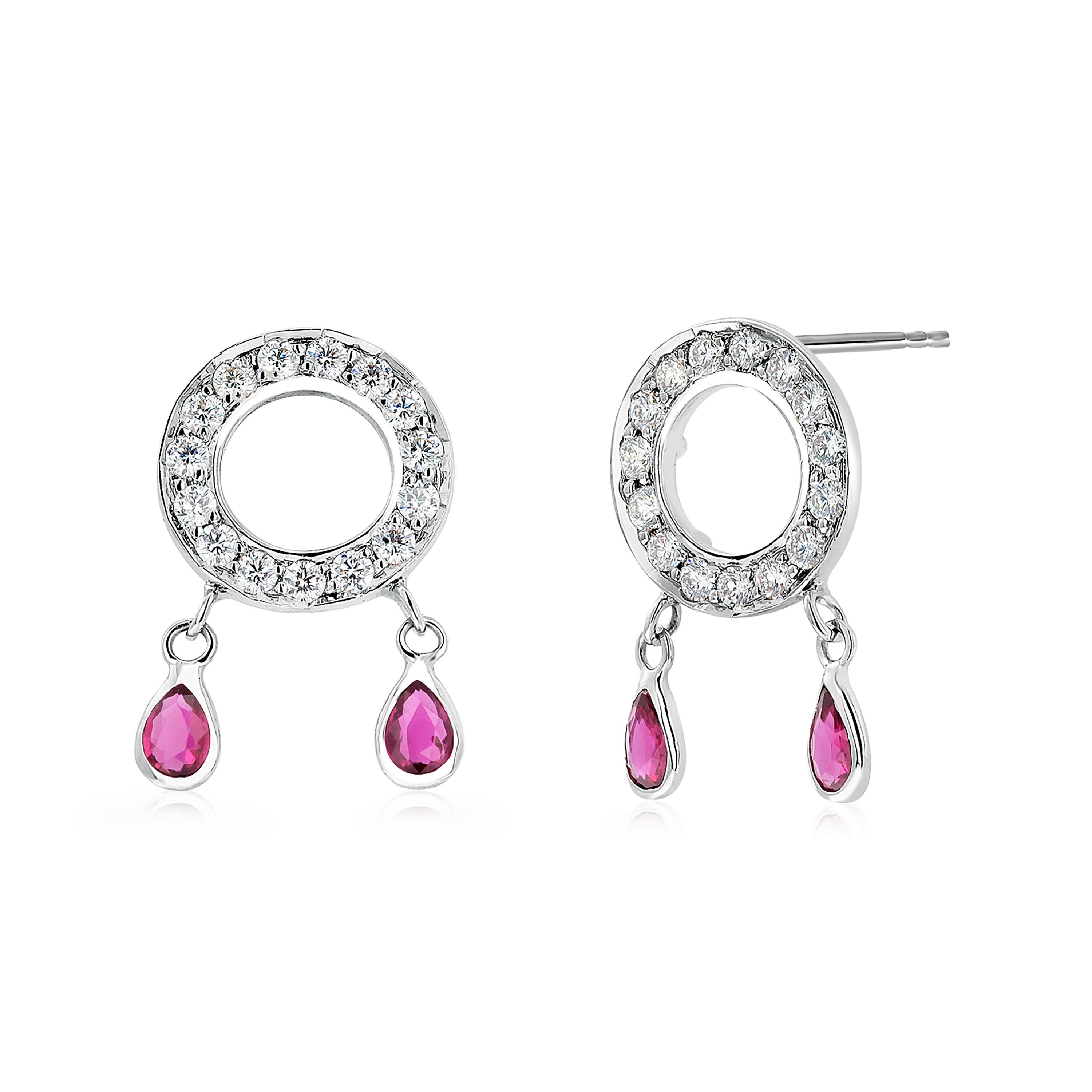 Pear Cut Four Pear-Shaped Dangle Rubies and Diamond White Gold Circle Cluster Earrings