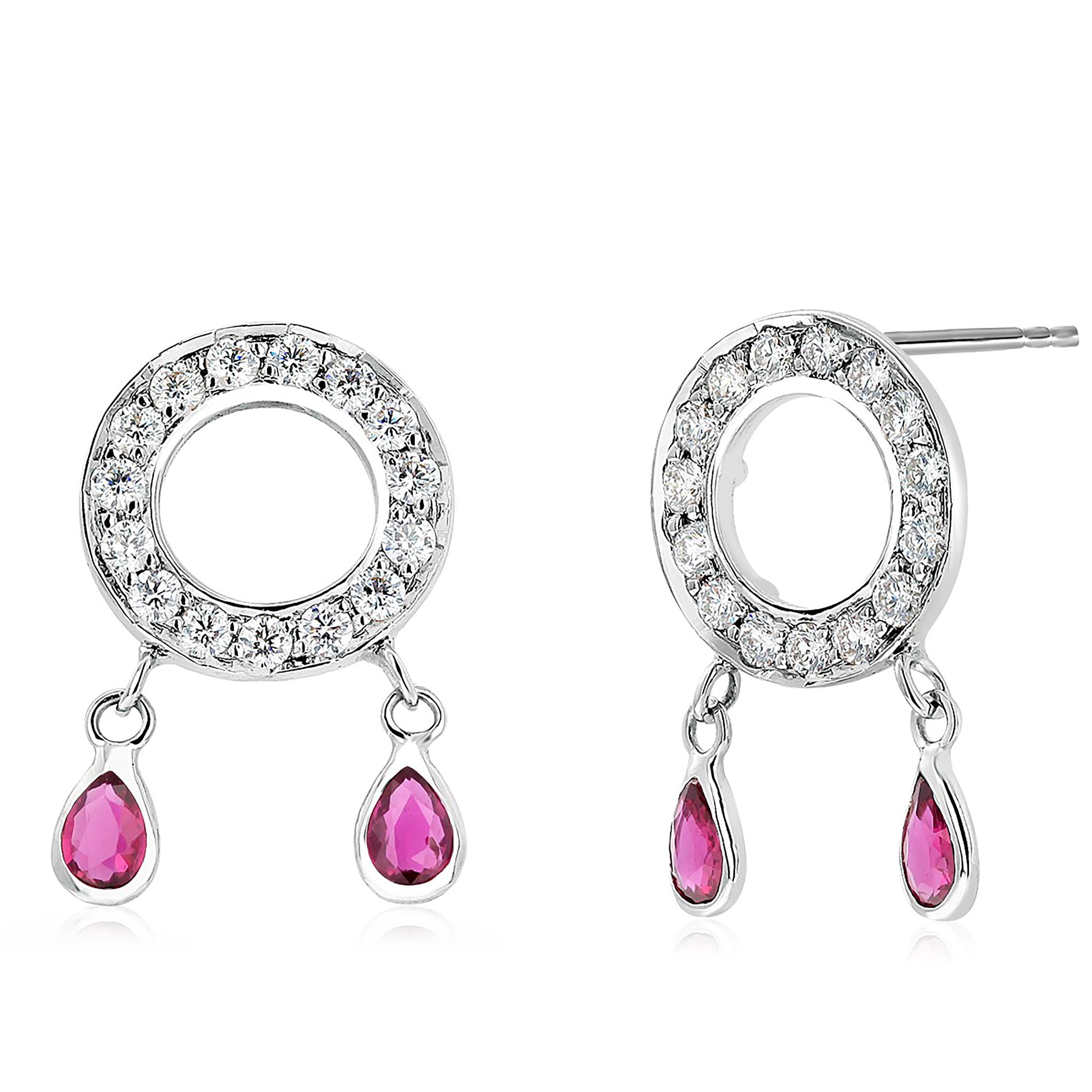 Women's Four Pear-Shaped Dangle Rubies and Diamond White Gold Circle Cluster Earrings