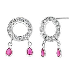 Four Pear-Shaped Dangle Rubies and Diamond White Gold Circle Cluster Earrings