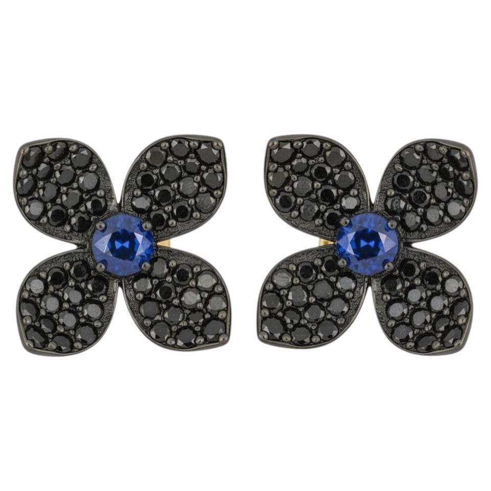 Four Petal Stud Earrings with Black Moissanites and Lab Blue Sapphires