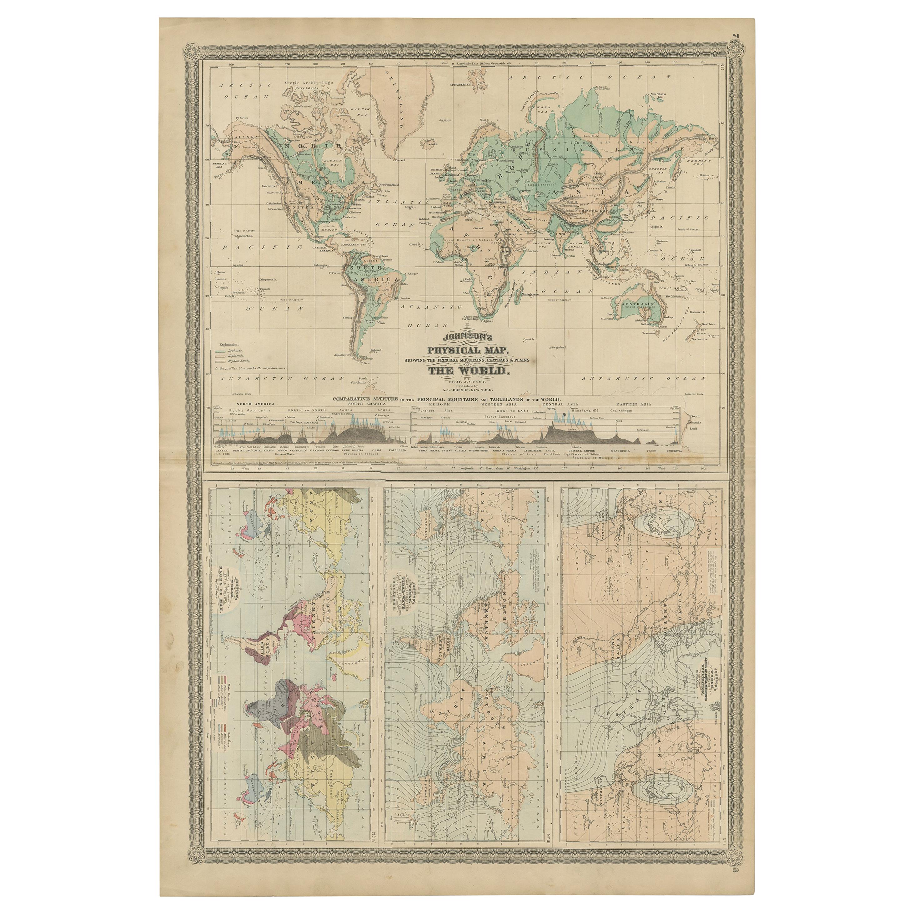 Four physical maps of the world on one sheet. The upper map shows lowlands, highlands and highest lands. The other maps show world's races, ocean current and volcanoes, and magnetic declination. This map originates from 'Johnson's New Illustrated
