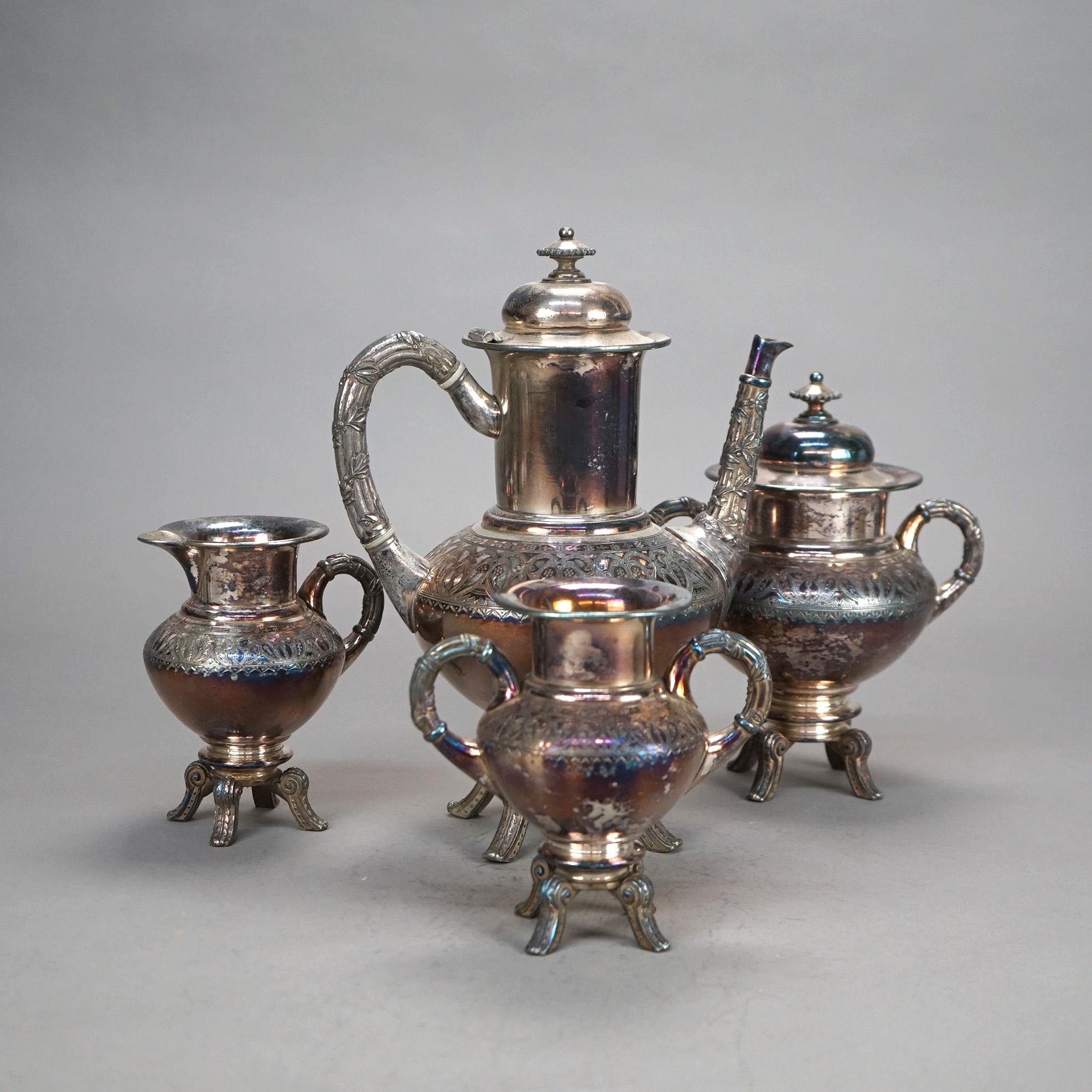 Juego de té antiguo de cuatro piezas con pie plateado C1890 en venta 10