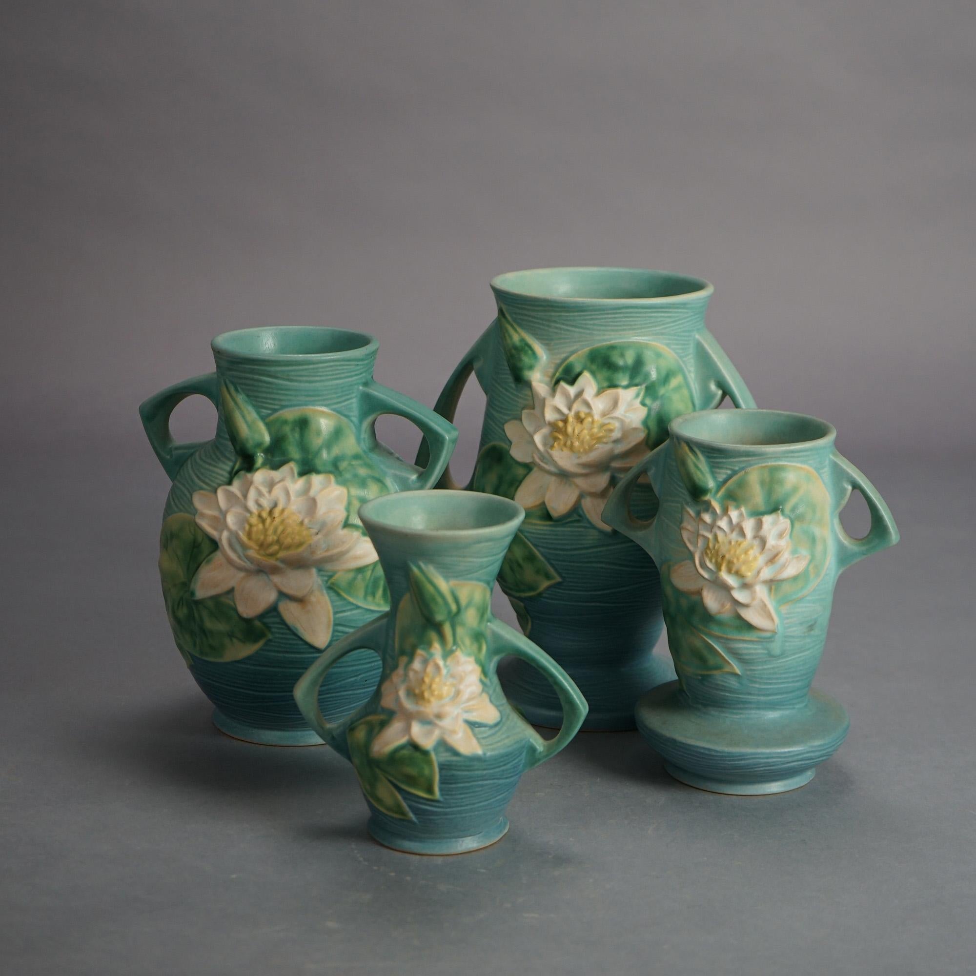 Arts and Crafts Four Piece Blue Roseville Art Pottery, Water Lily in Green, Mid 20thC