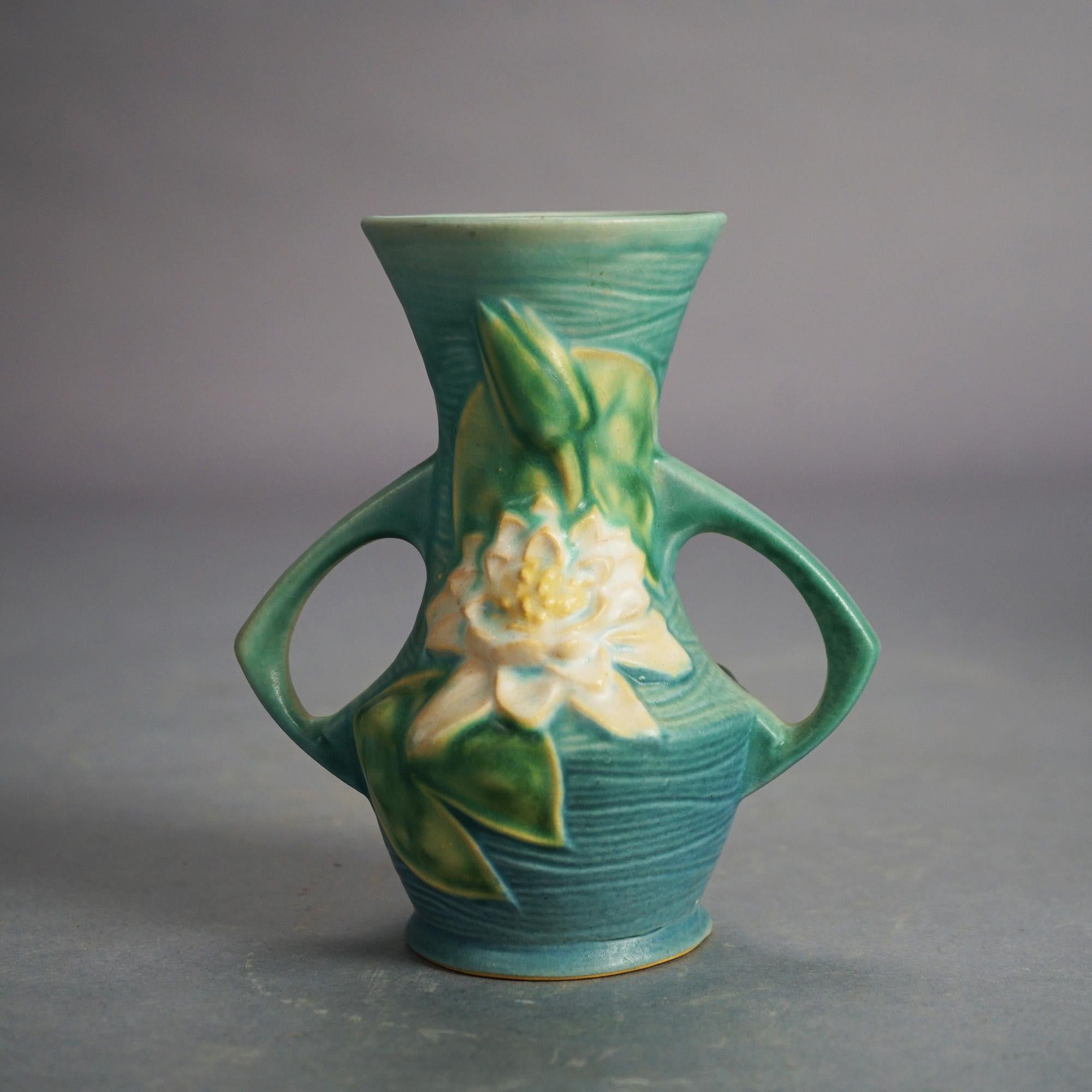 Four Piece Blue Roseville Art Pottery, Water Lily in Green, Mid 20thC In Good Condition In Big Flats, NY
