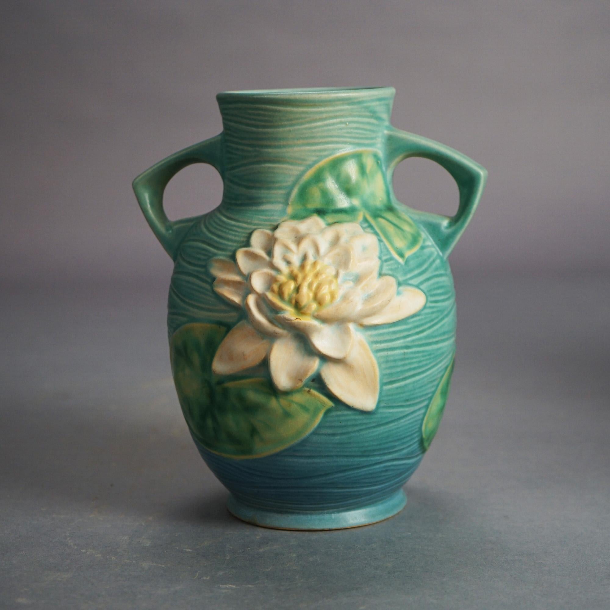 Four Piece Blue Roseville Art Pottery, Water Lily in Green, Mid 20thC 1