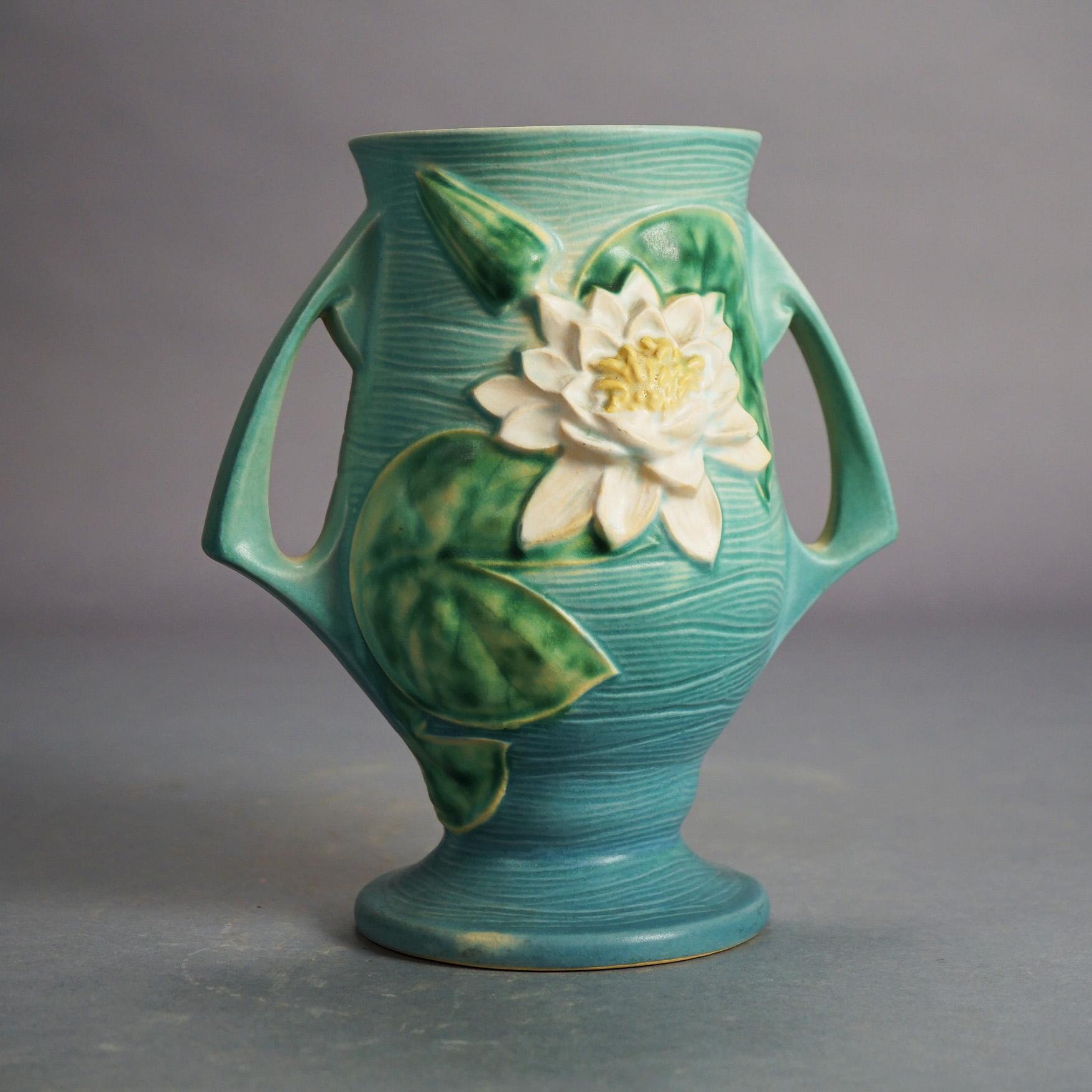 Four Piece Blue Roseville Art Pottery, Water Lily in Green, Mid 20thC 4