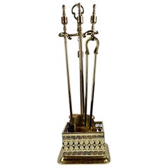 Four-Piece Brass Vintage Fire Tool Set with Stand-Greek Key Border