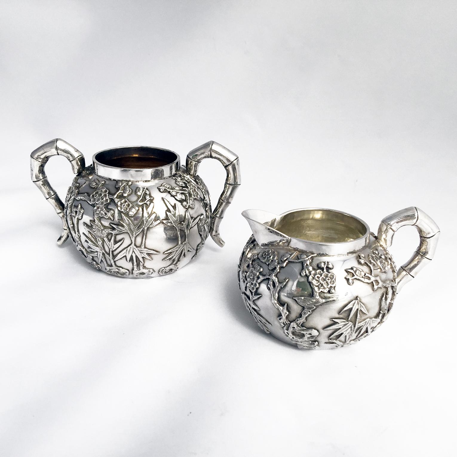 Such a find

A four-piece Chinese Export silver four piece tea and coffee set - so many get split over the years

The polished round bodies of each piece have applied decoration of bamboo branches ( for resilience )and plum blossom (for new