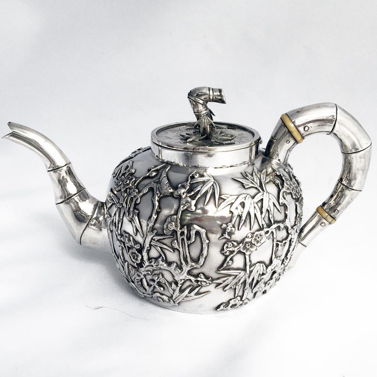 Four Piece Chinese Export Silver Bamboo Tea Set For Sale at 1stDibs