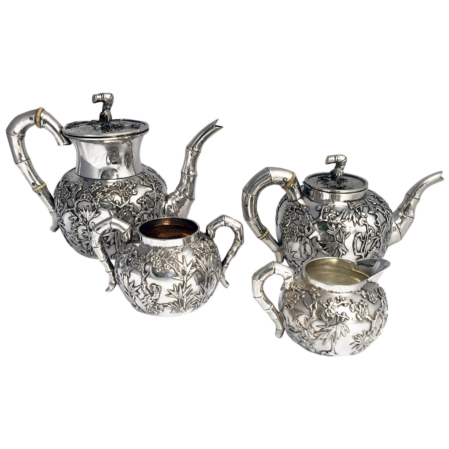 Four Piece Chinese Export Silver Bamboo Tea Set For Sale
