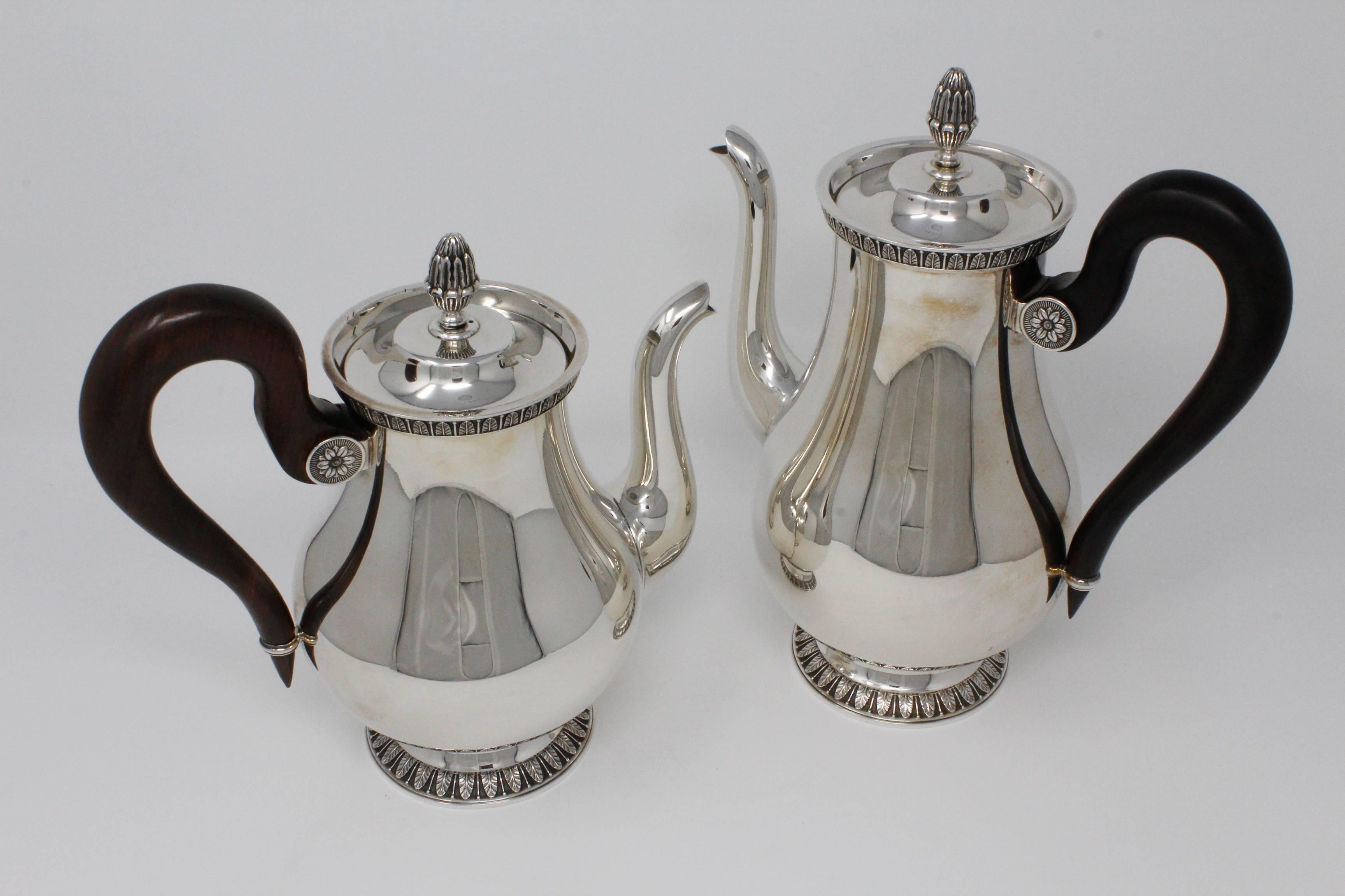 Four-Piece Christofle Tea Set, Silver Plated, Malmaison-Beauharnais Pattern In Excellent Condition For Sale In Santa Fe, NM