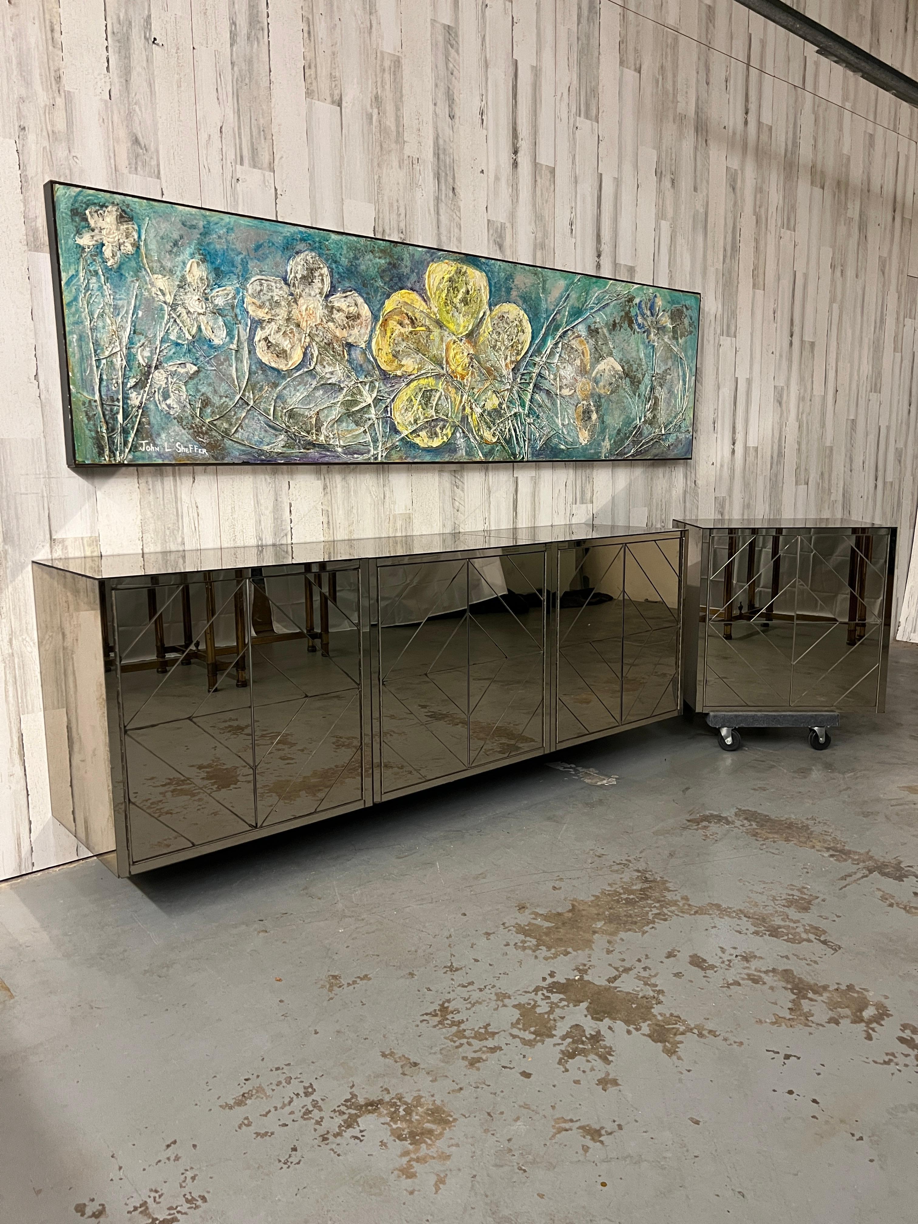 Four Piece Diamond Pattern Mirrored Floating Credenza 12