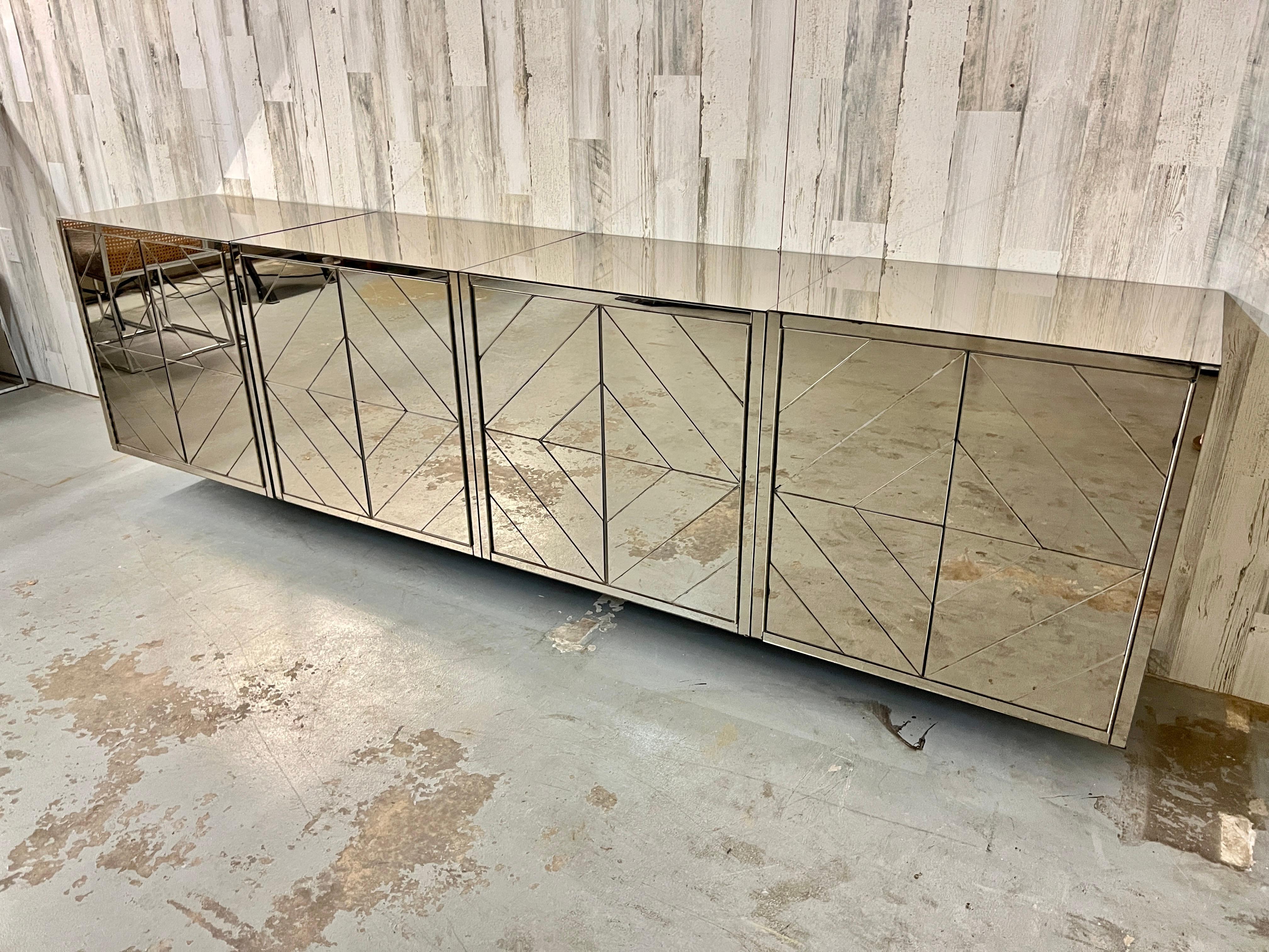 North American Four Piece Diamond Pattern Mirrored Floating Credenza