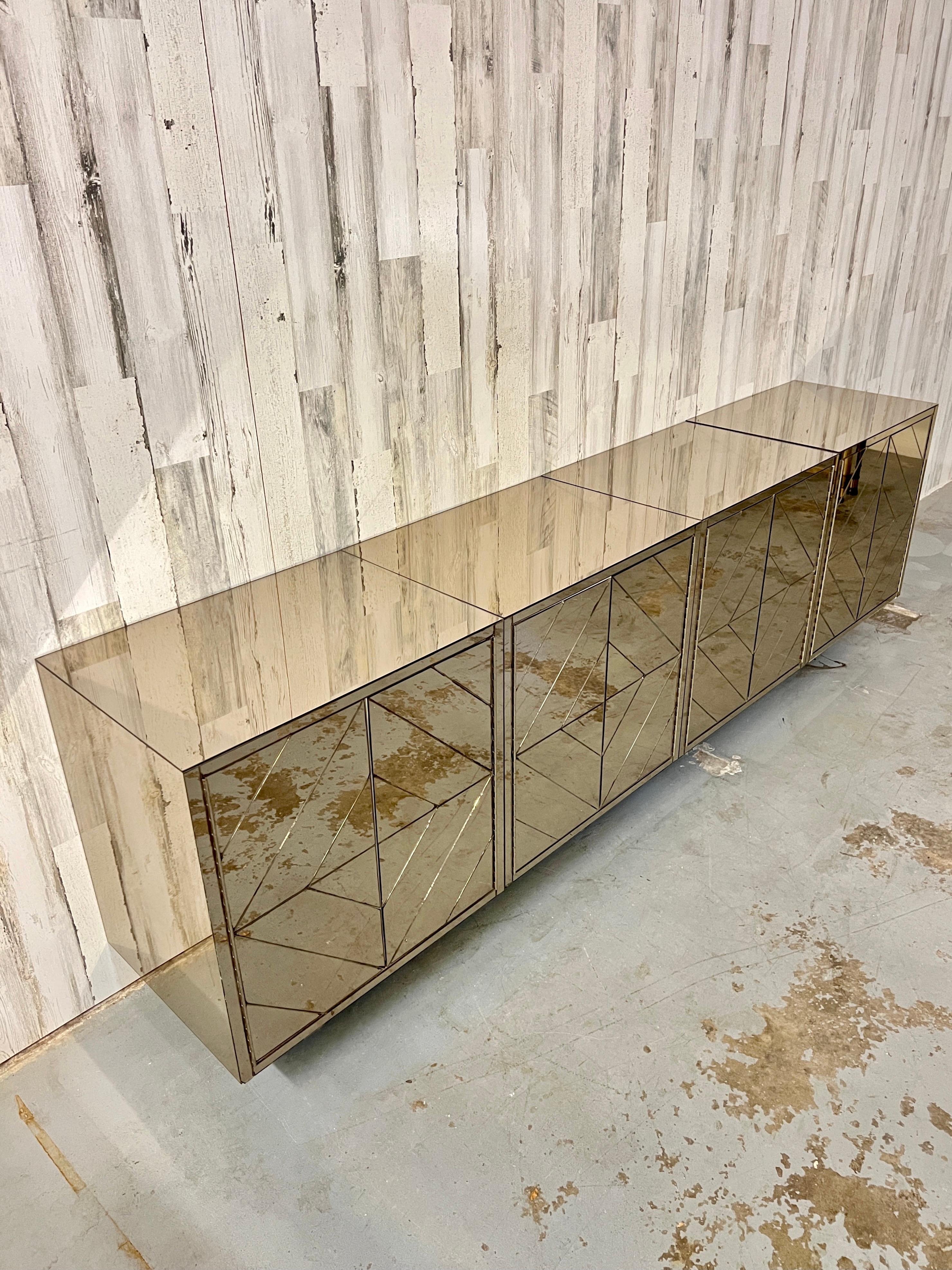 Four Piece Diamond Pattern Mirrored Floating Credenza In Good Condition In Denton, TX