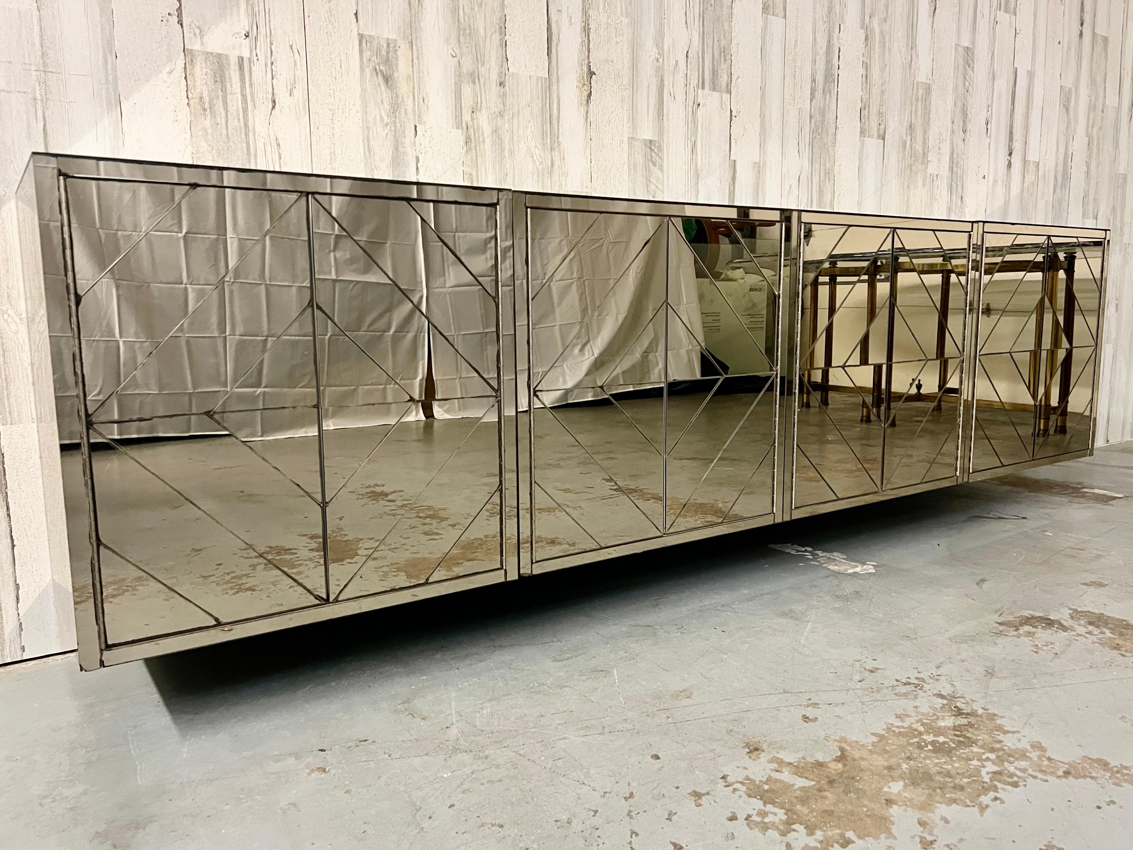 20th Century Four Piece Diamond Pattern Mirrored Floating Credenza