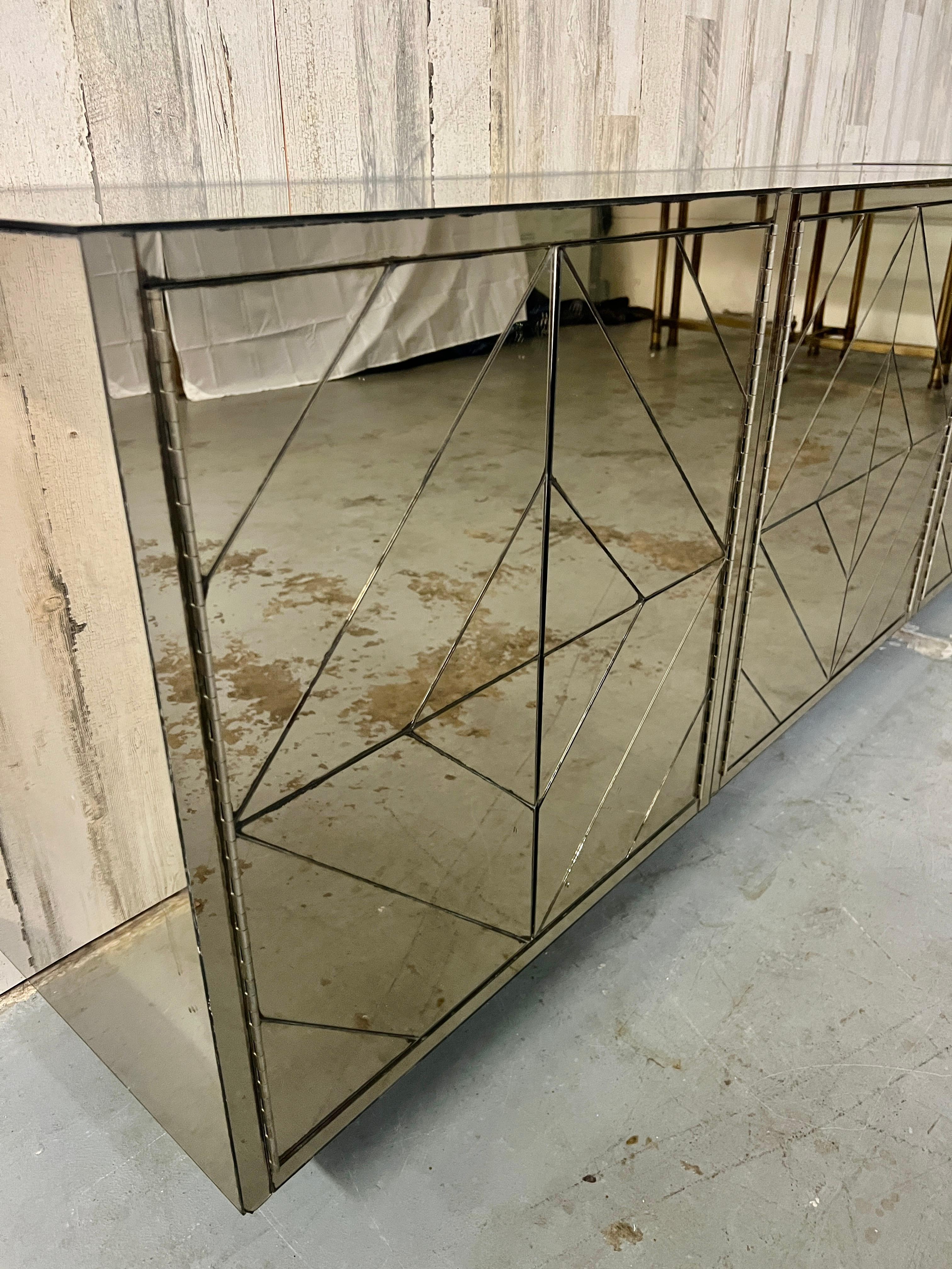 Metal Four Piece Diamond Pattern Mirrored Floating Credenza