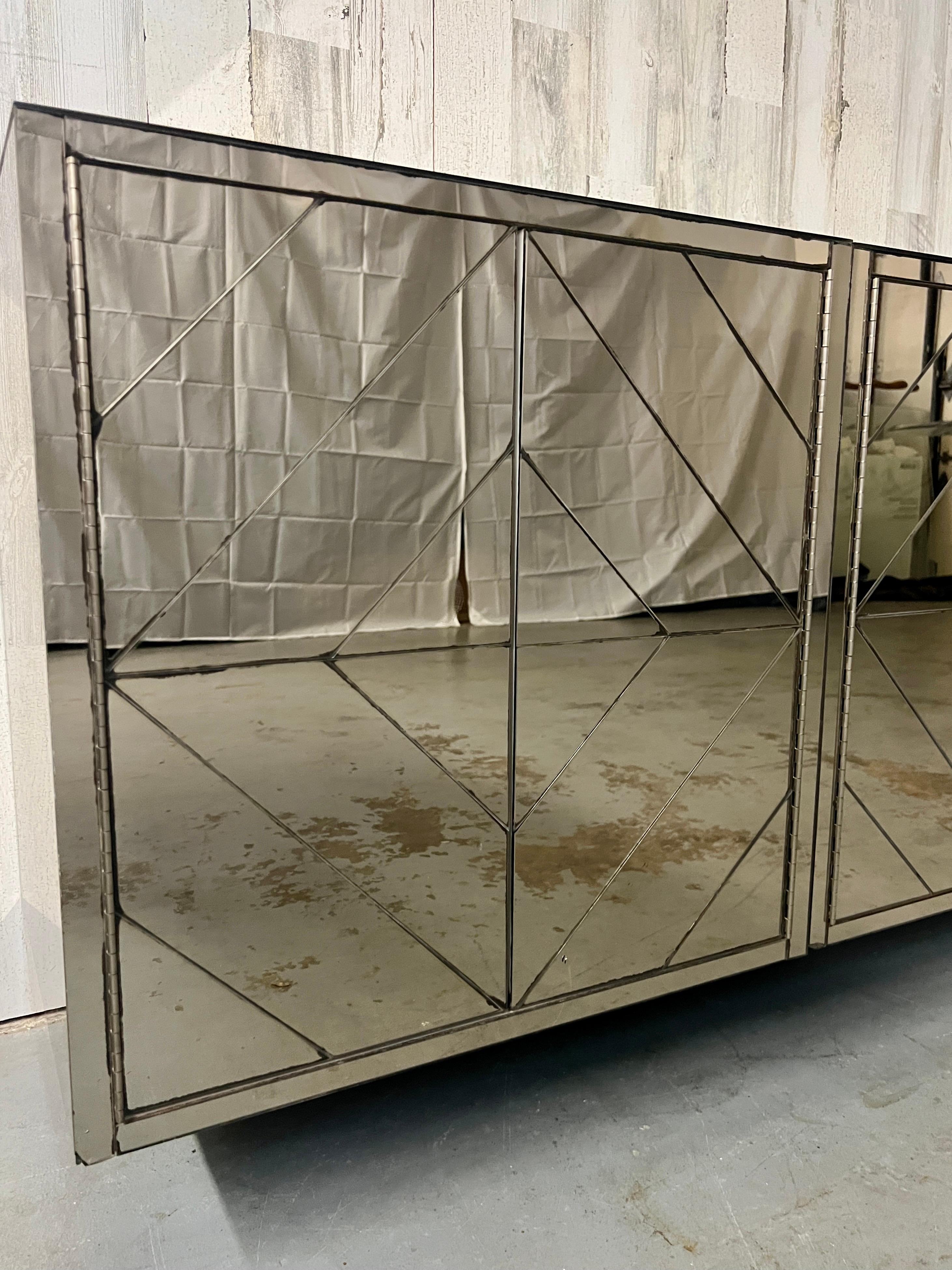 Four Piece Diamond Pattern Mirrored Floating Credenza 1
