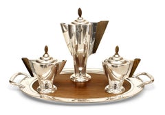 4-Piece English Art Deco Silver Tea Set and Tray