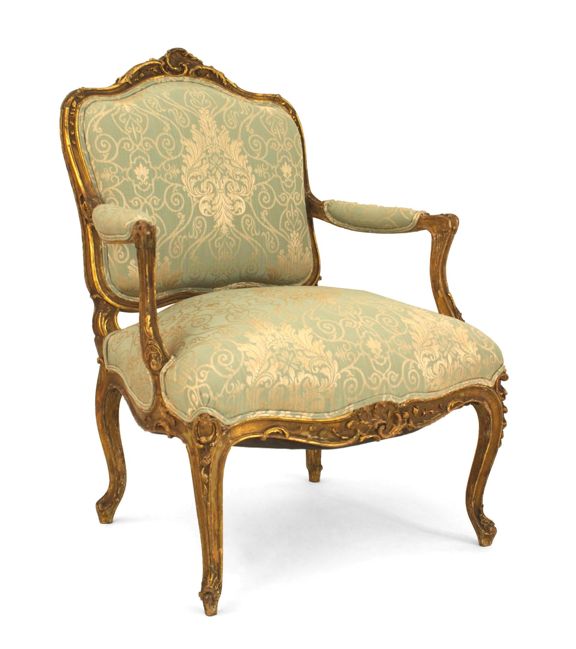 Set of 4 French Louis XV-style (19th Cent) gilt living room / salon set with light green damask upholstery. 3 arm chairs: 27¬Ω