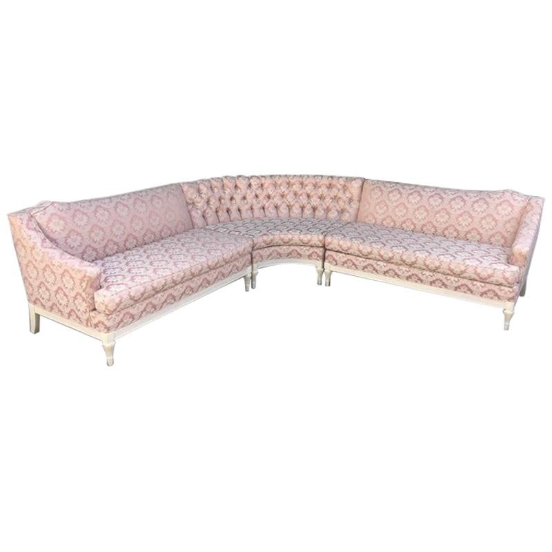 Four-Piece Hollywood Regency Pink Damask Tufted Sectional Sofa