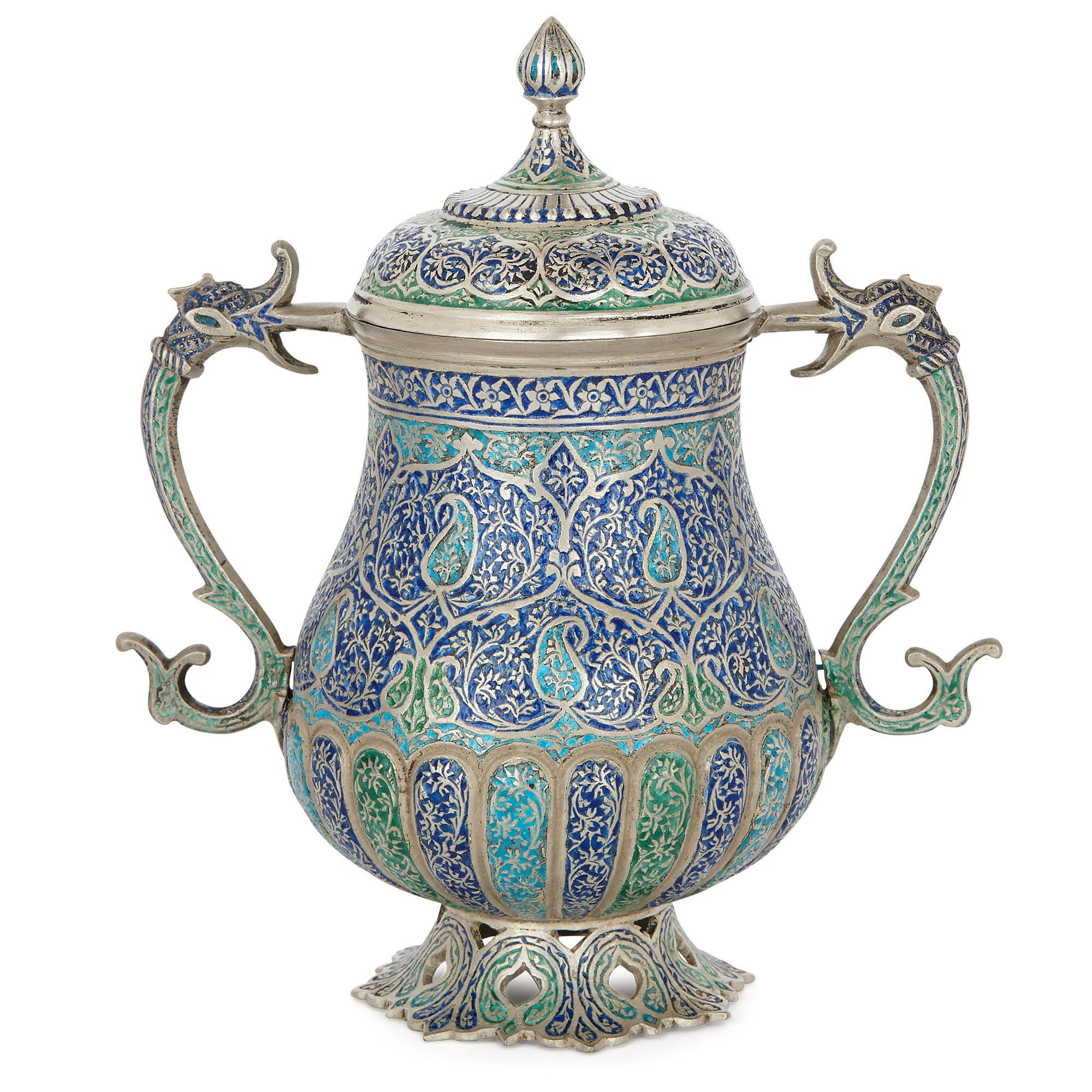 Islamic Four Piece Indian Kashmiri Silver and Enamel Tea and Coffee Service