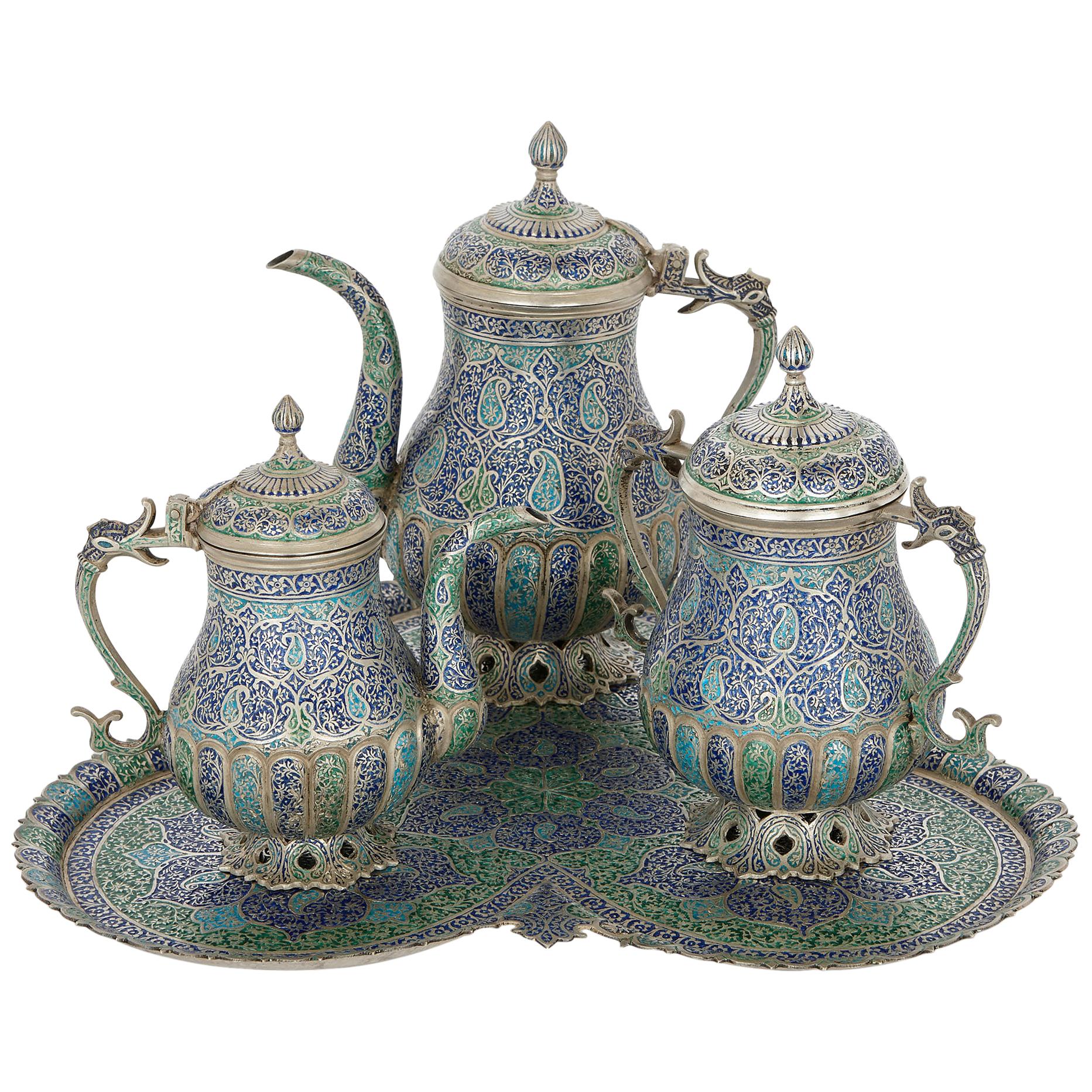 Four Piece Indian Kashmiri Silver and Enamel Tea and Coffee Service