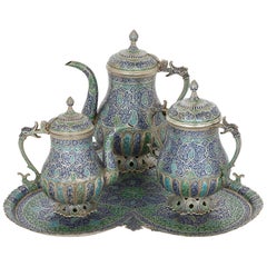 Antique Four Piece Indian Kashmiri Silver and Enamel Tea and Coffee Service