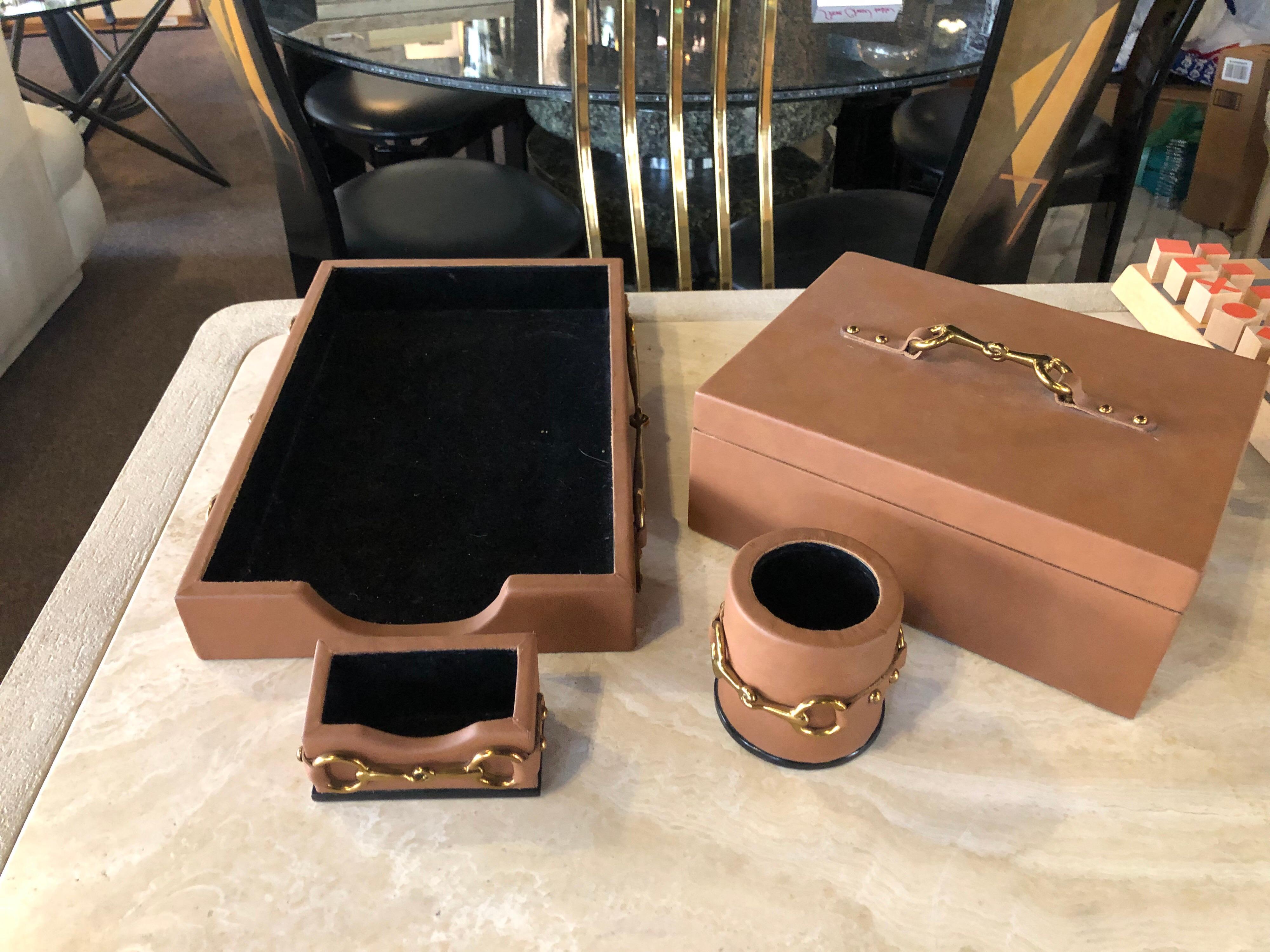 Late 20th Century Four Piece Leather Desk Set Hand Made by Maitland Smith in the Style of Gucci