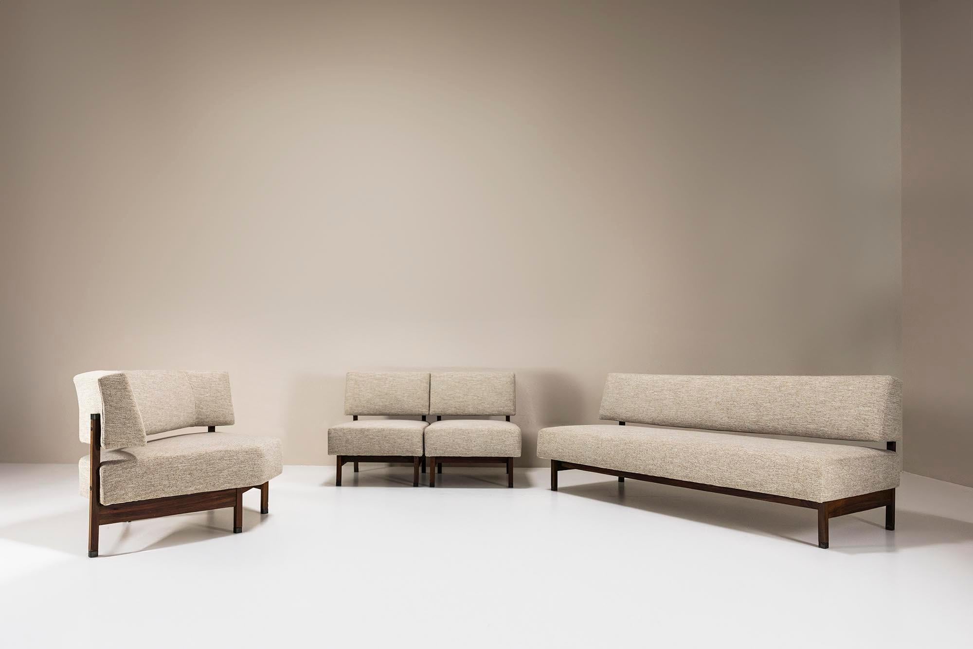 Italian Four Piece Living Room Set in Off-white Fabric and Rosewood, Italy 1960s For Sale