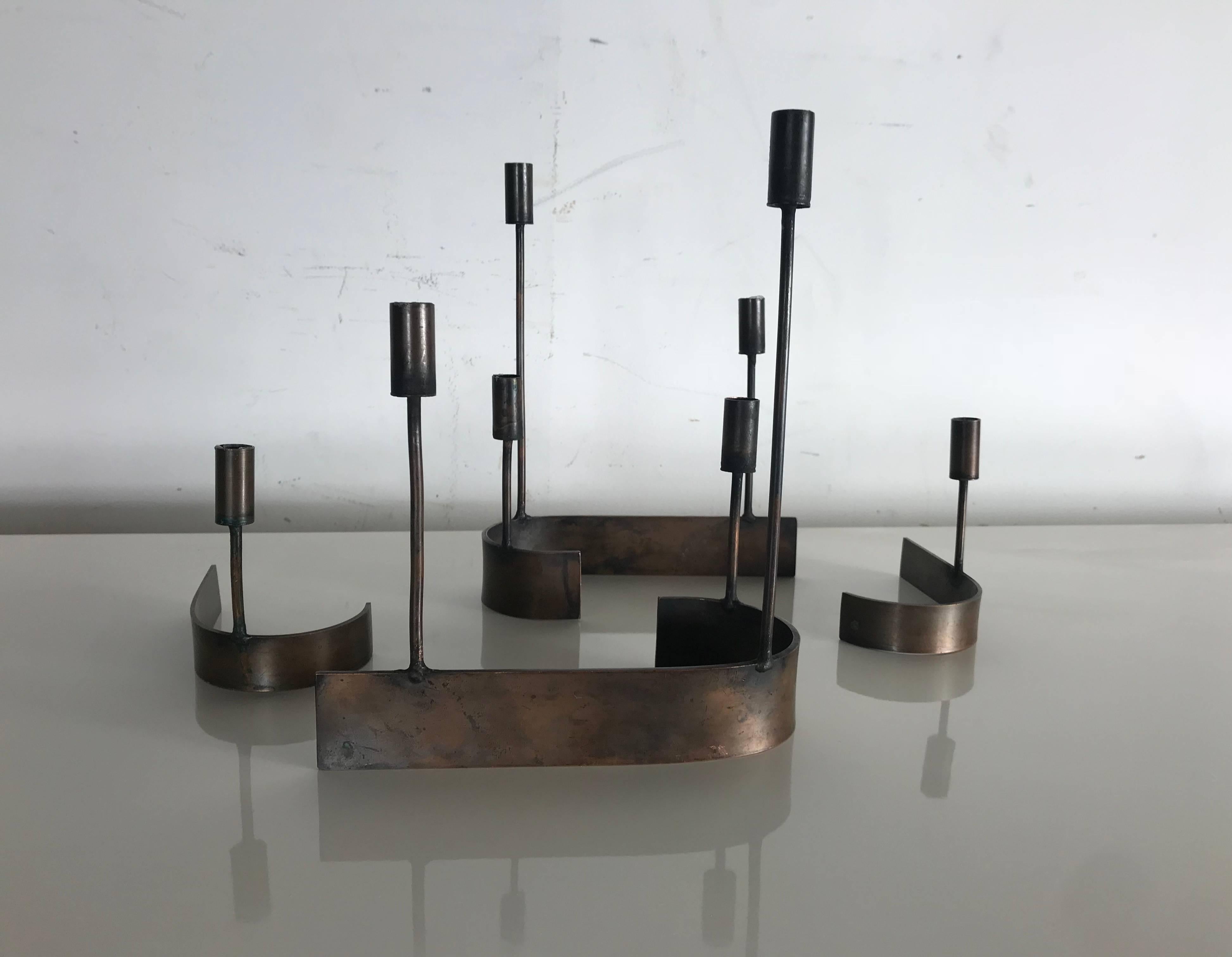 Hand-Crafted Four-Piece Modernist Copper Candelabrum by Chet Spacher