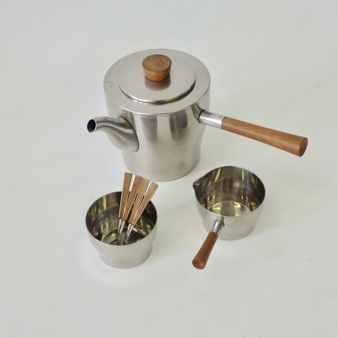 Mid-Century Modern Four Piece Stainless with Teak Coffee Tea or Cocoa Service Dana DFA, Denmark