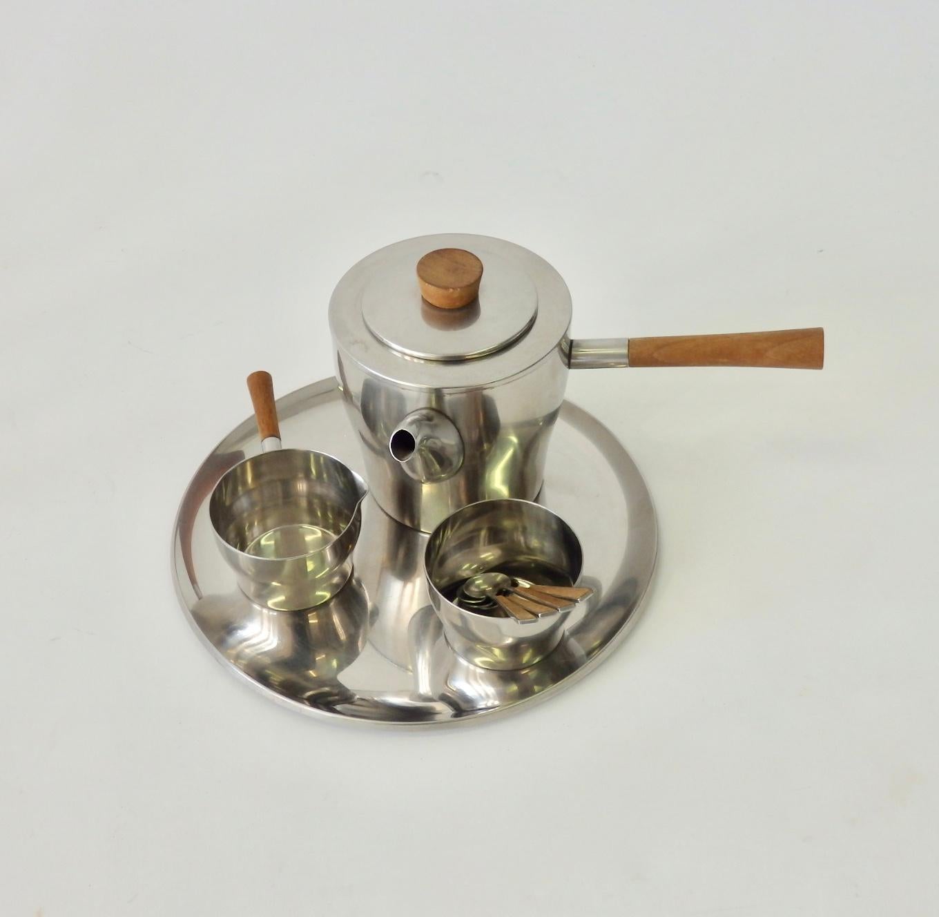 Danish Four Piece Stainless with Teak Coffee Tea or Cocoa Service Dana DFA, Denmark