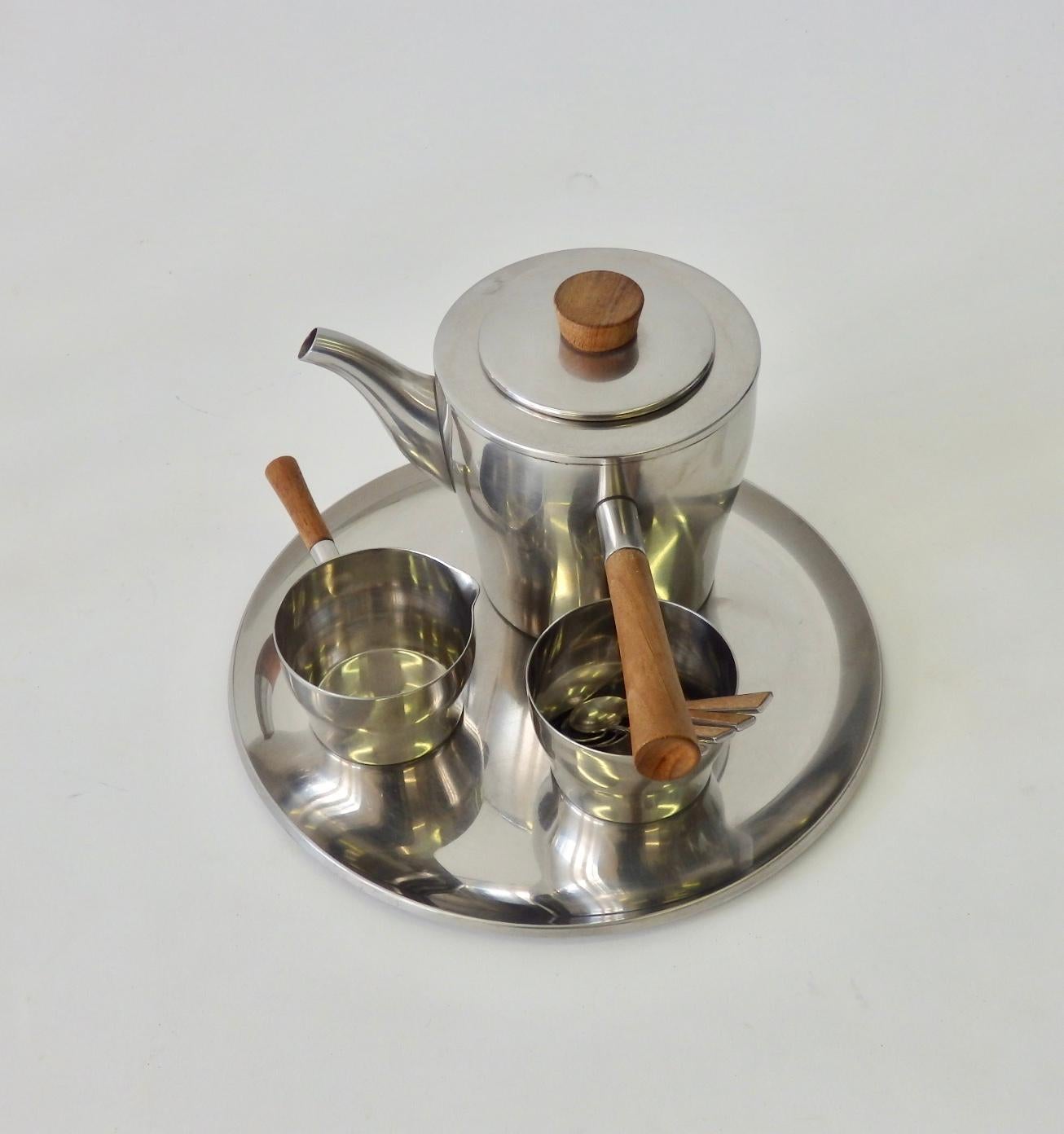 Four Piece Stainless with Teak Coffee Tea or Cocoa Service Dana DFA, Denmark In Good Condition In Ferndale, MI