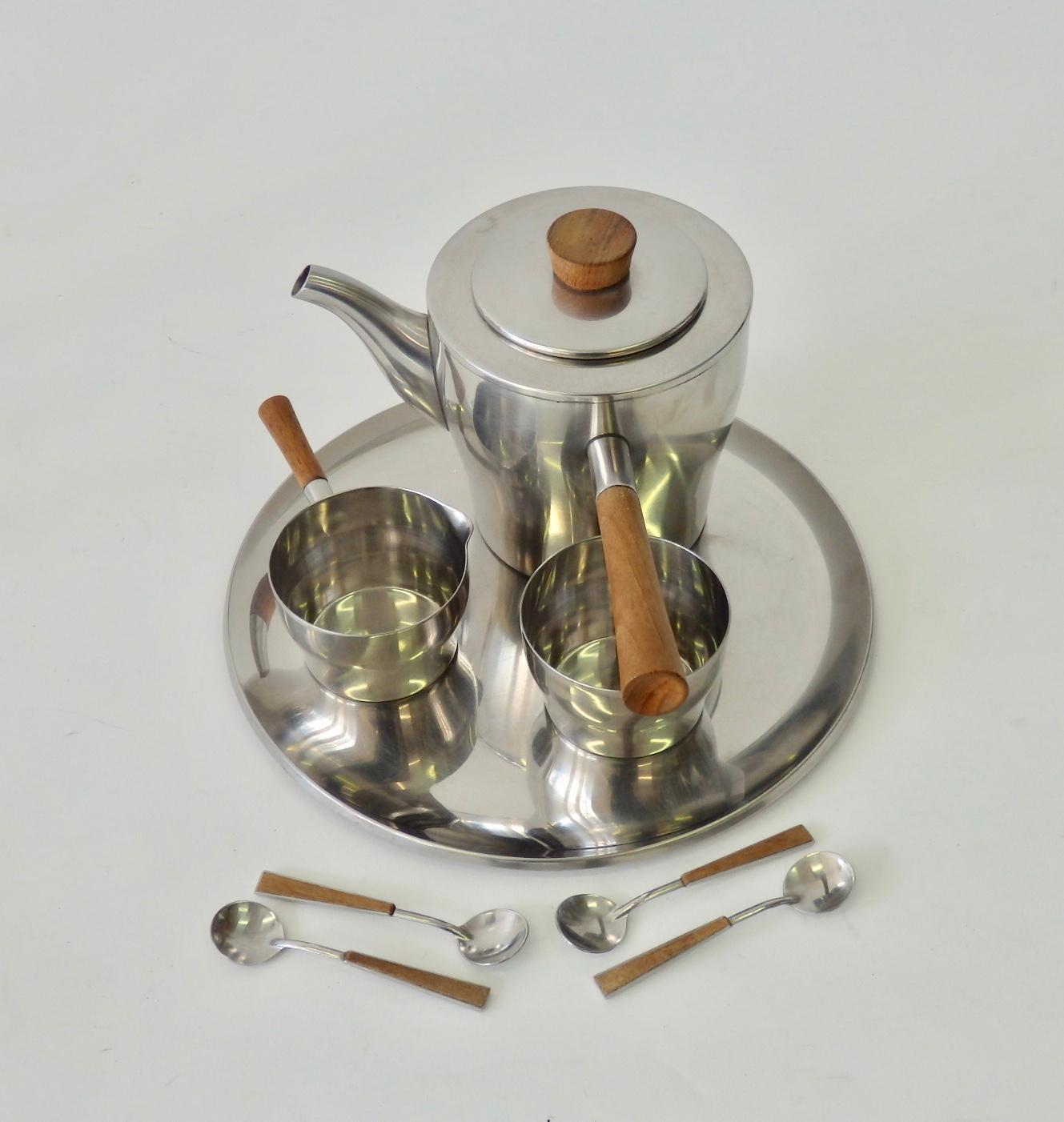 20th Century Four Piece Stainless with Teak Coffee Tea or Cocoa Service Dana DFA, Denmark