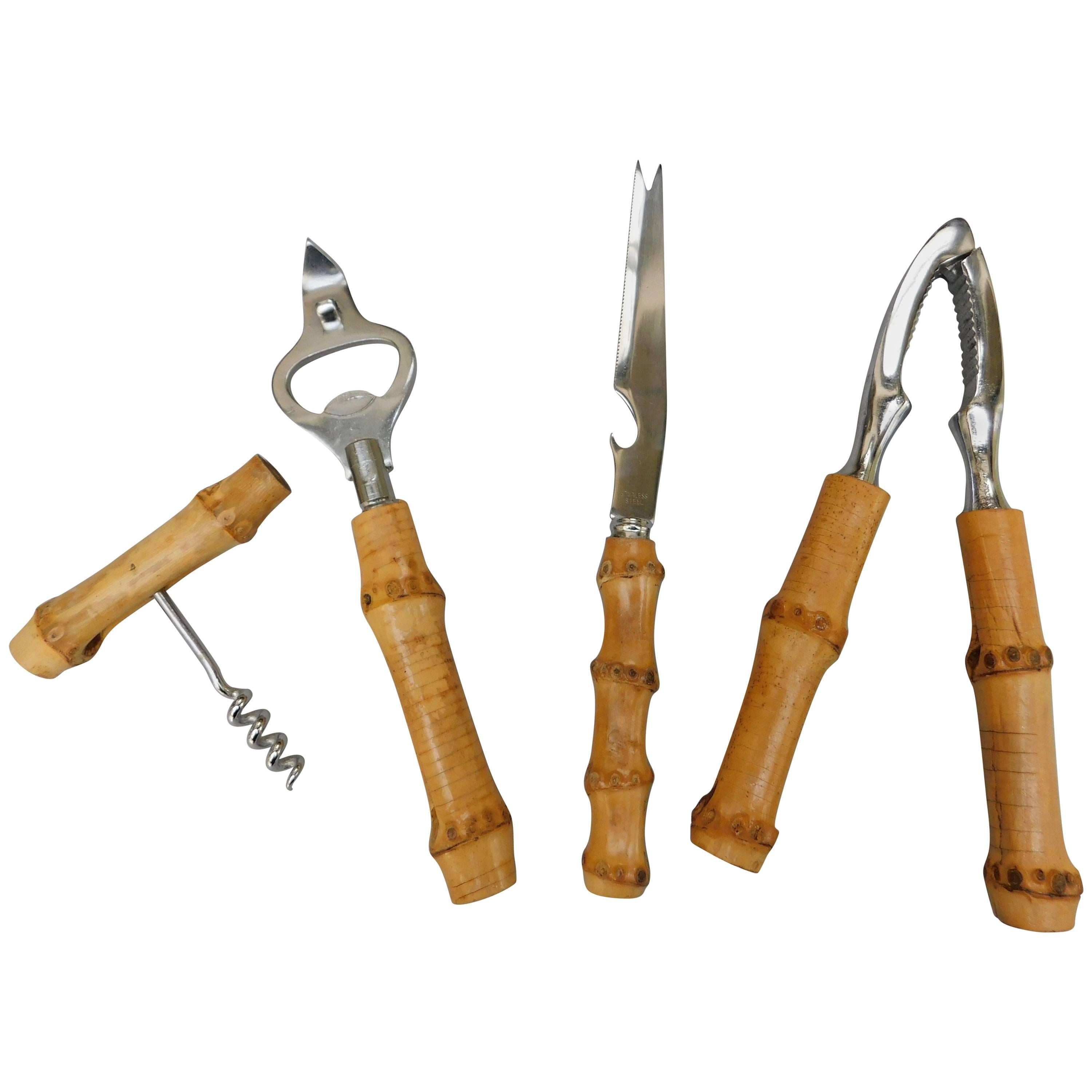 Four-Piece Vintage Bamboo Handled Bar Accessories