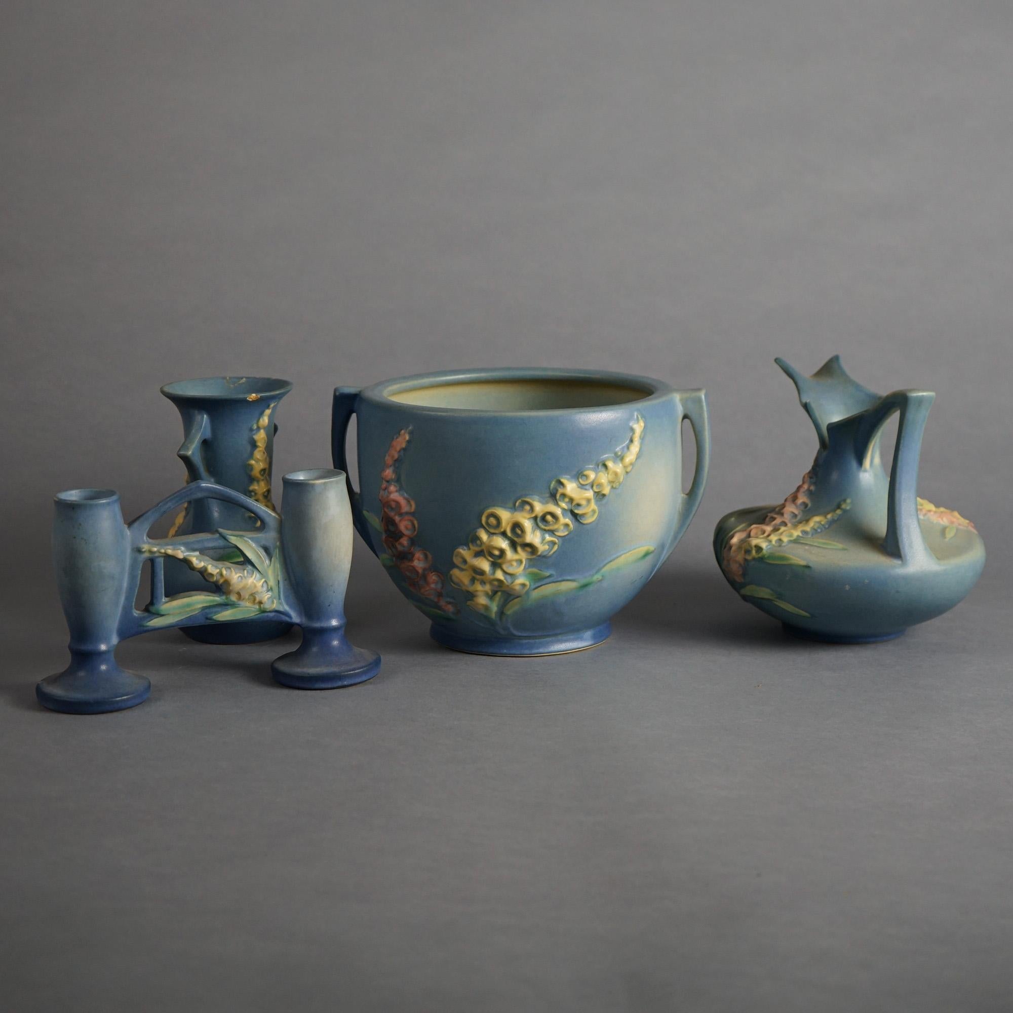Arts and Crafts Four Pieces of Blue Roseville Art Pottery with Foxglove Pattern Mid 20thC