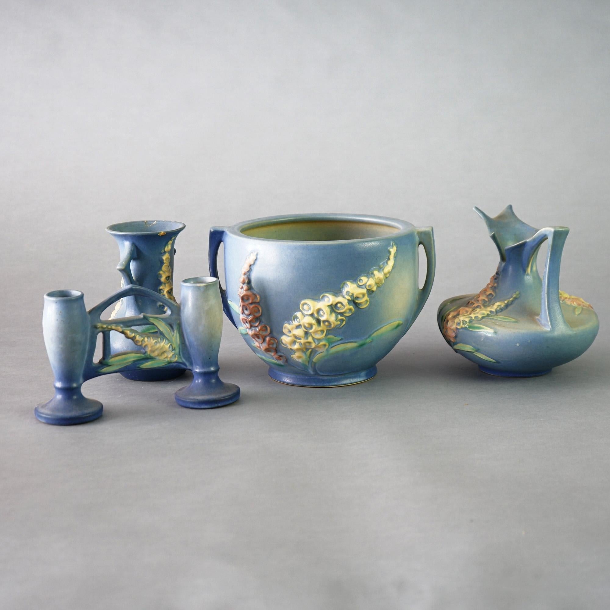 Four Pieces of Blue Roseville Art Pottery with Foxglove Pattern Mid 20thC In Good Condition In Big Flats, NY