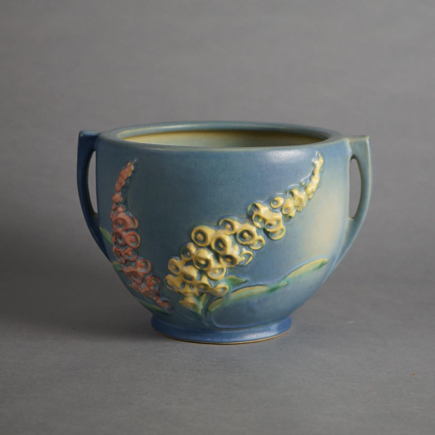 20th Century Four Pieces of Blue Roseville Art Pottery with Foxglove Pattern Mid 20thC