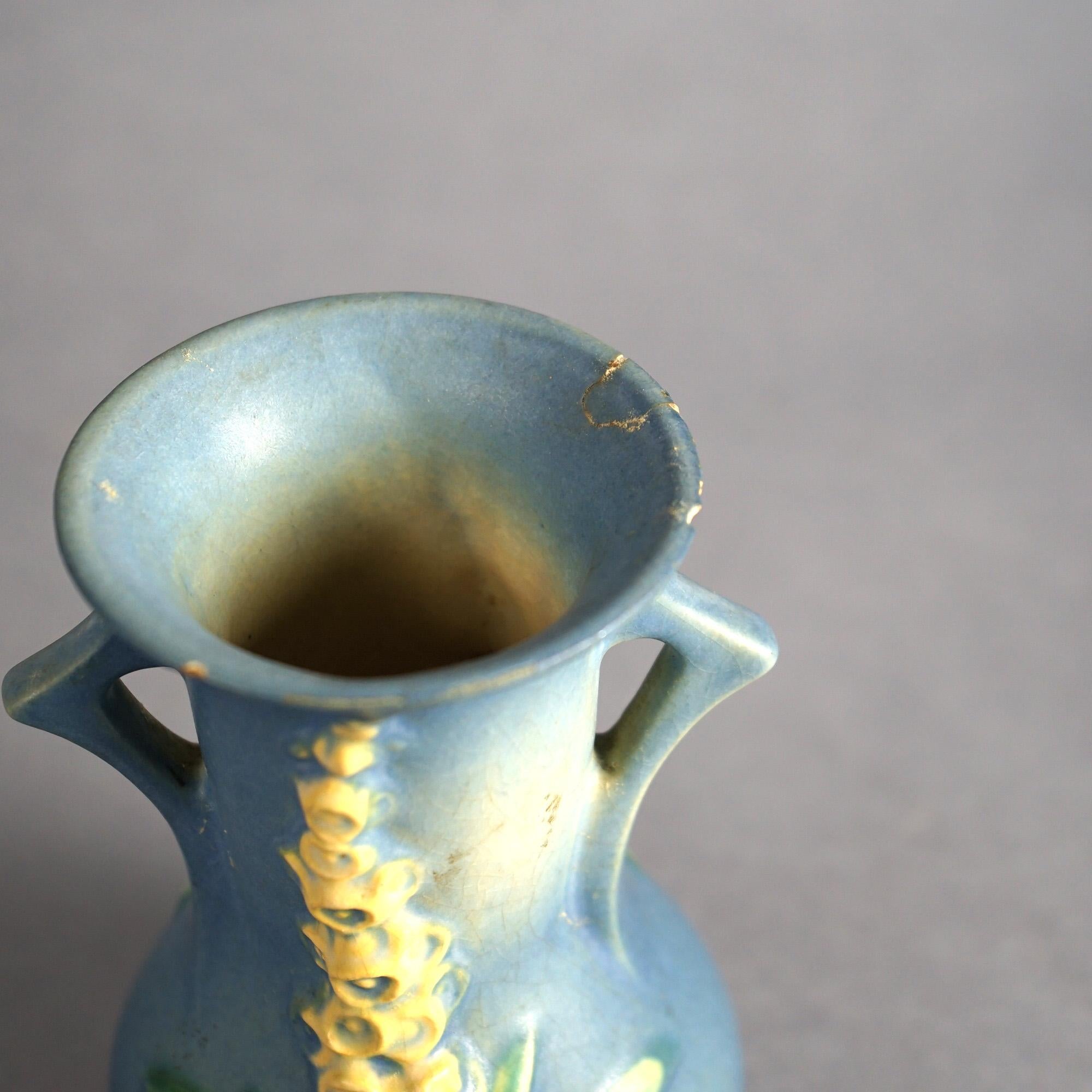 Four Pieces of Blue Roseville Art Pottery with Foxglove Pattern Mid 20thC 4