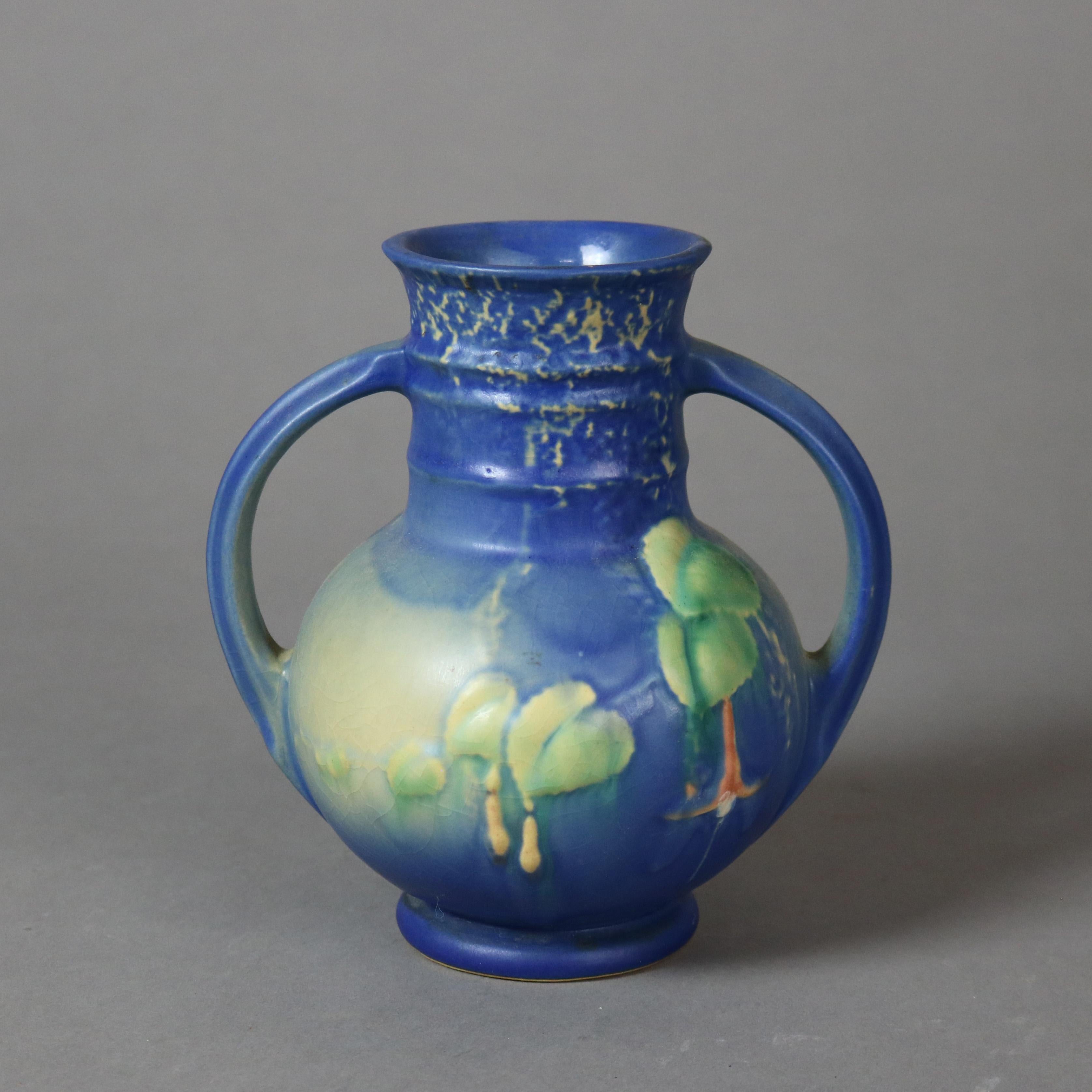 Four Pieces of Blue Roseville Art Pottery with Fuchsia Pattern Mid 20thC In Good Condition In Big Flats, NY
