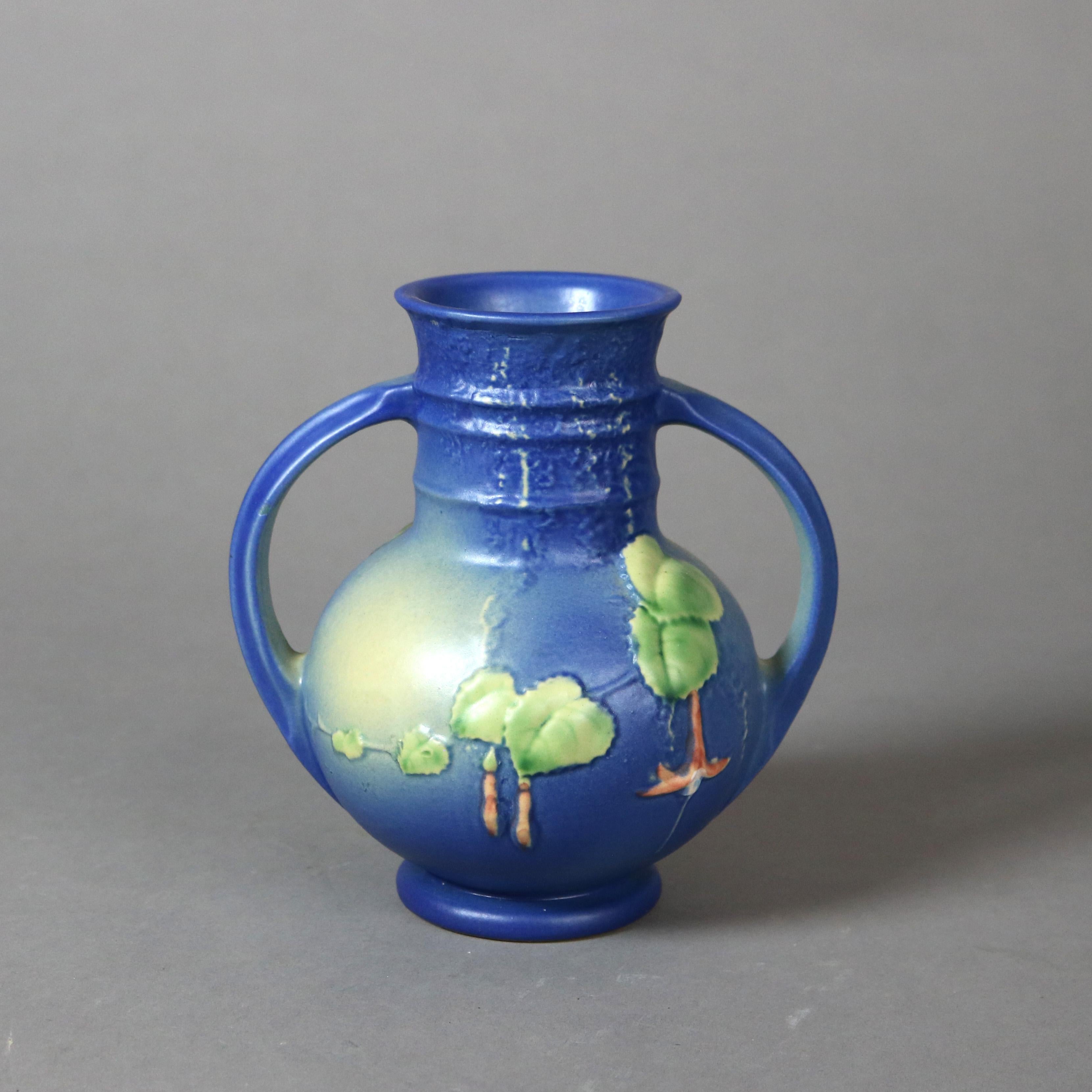 20th Century Four Pieces of Blue Roseville Art Pottery with Fuchsia Pattern Mid 20thC