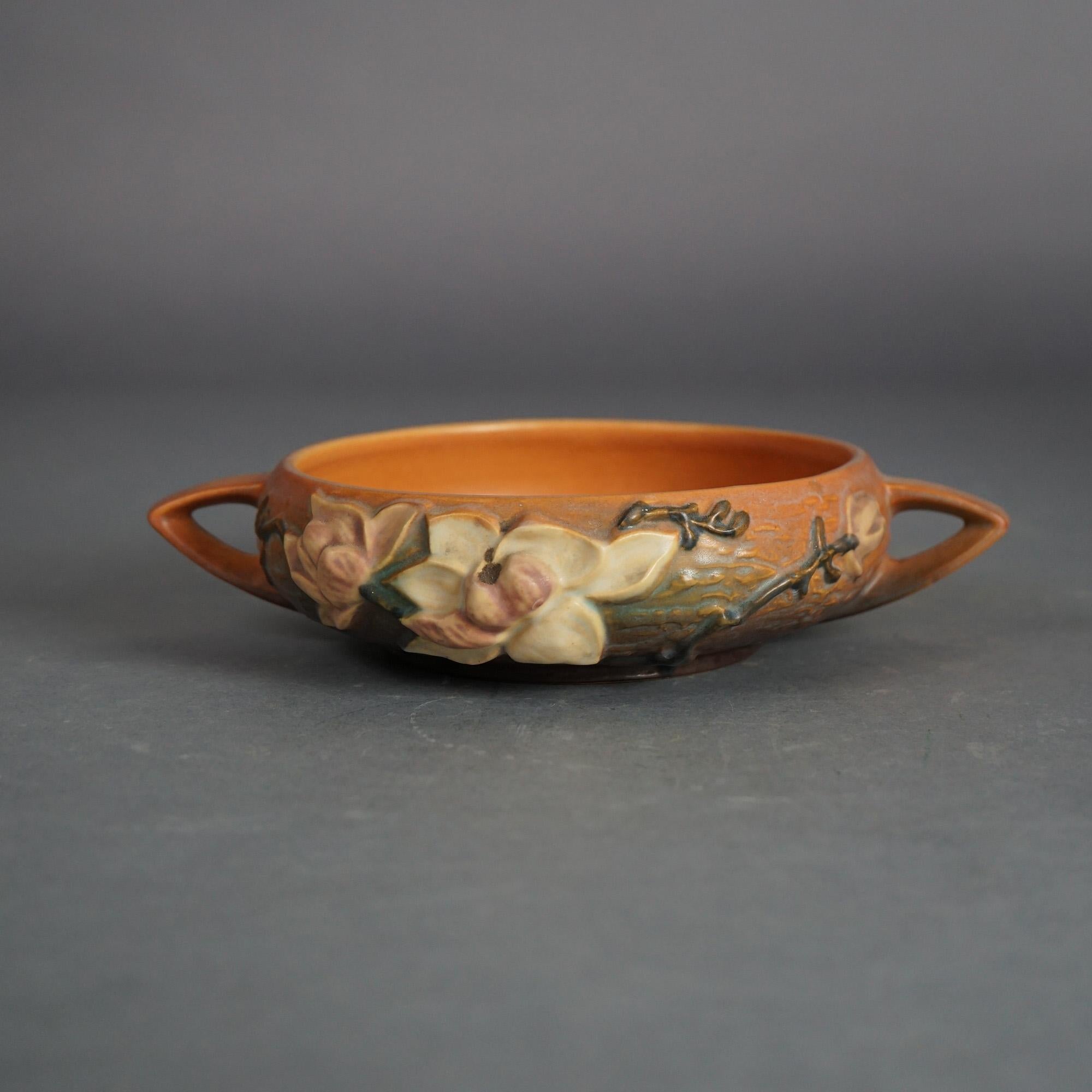 Four Pieces of Brown Roseville Art Pottery with Magnolia Pattern Mid 20thC 5