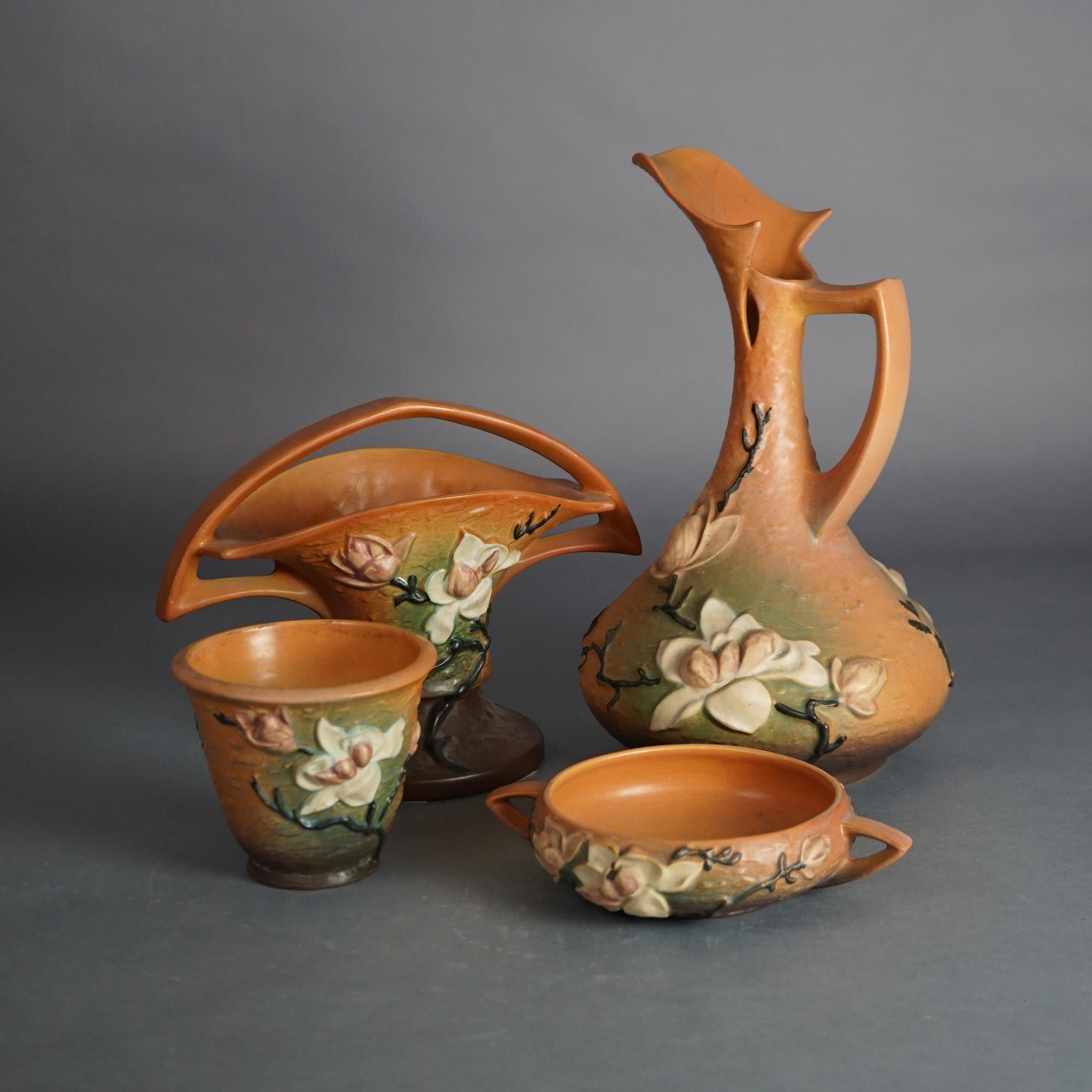 Arts and Crafts Four Pieces of Brown Roseville Art Pottery with Magnolia Pattern Mid 20thC