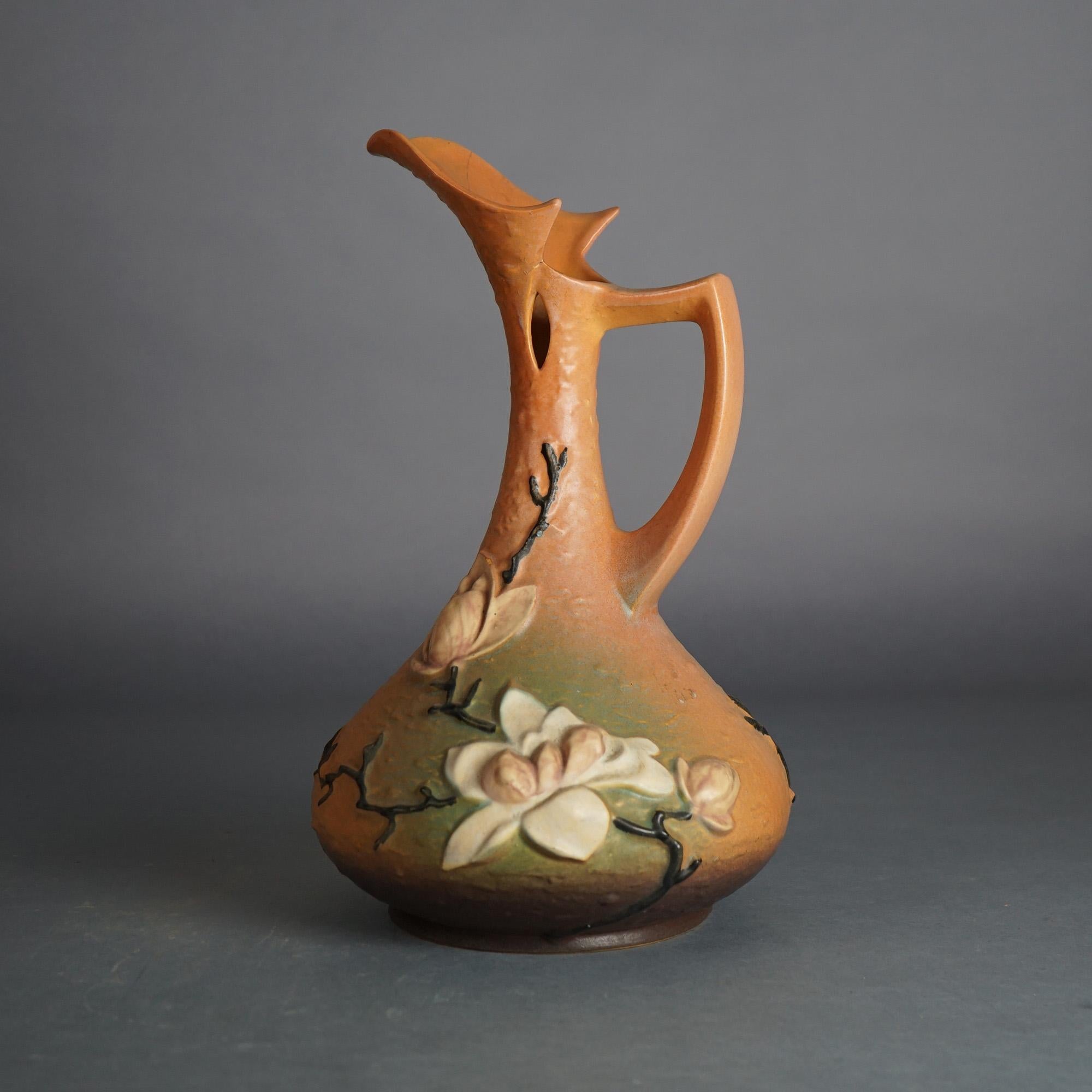 Four Pieces of Brown Roseville Art Pottery with Magnolia Pattern Mid 20thC In Good Condition In Big Flats, NY