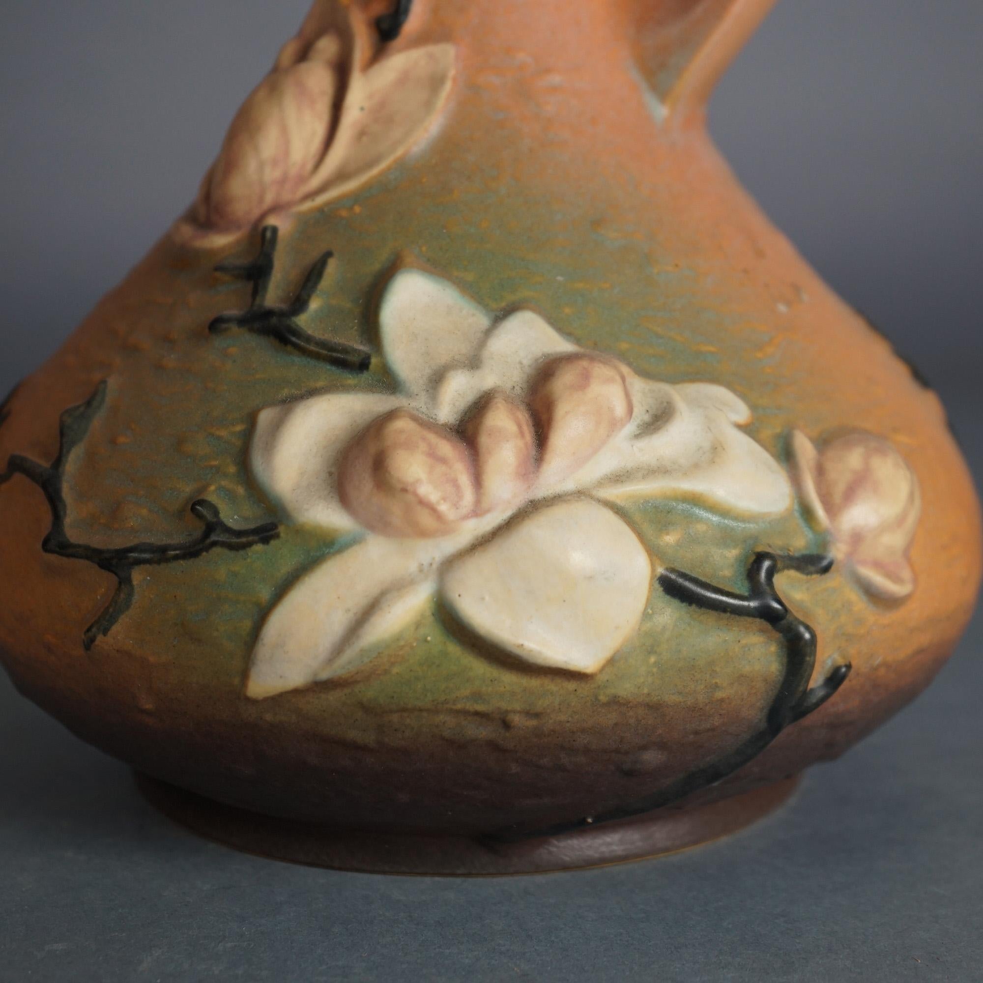 20th Century Four Pieces of Brown Roseville Art Pottery with Magnolia Pattern Mid 20thC