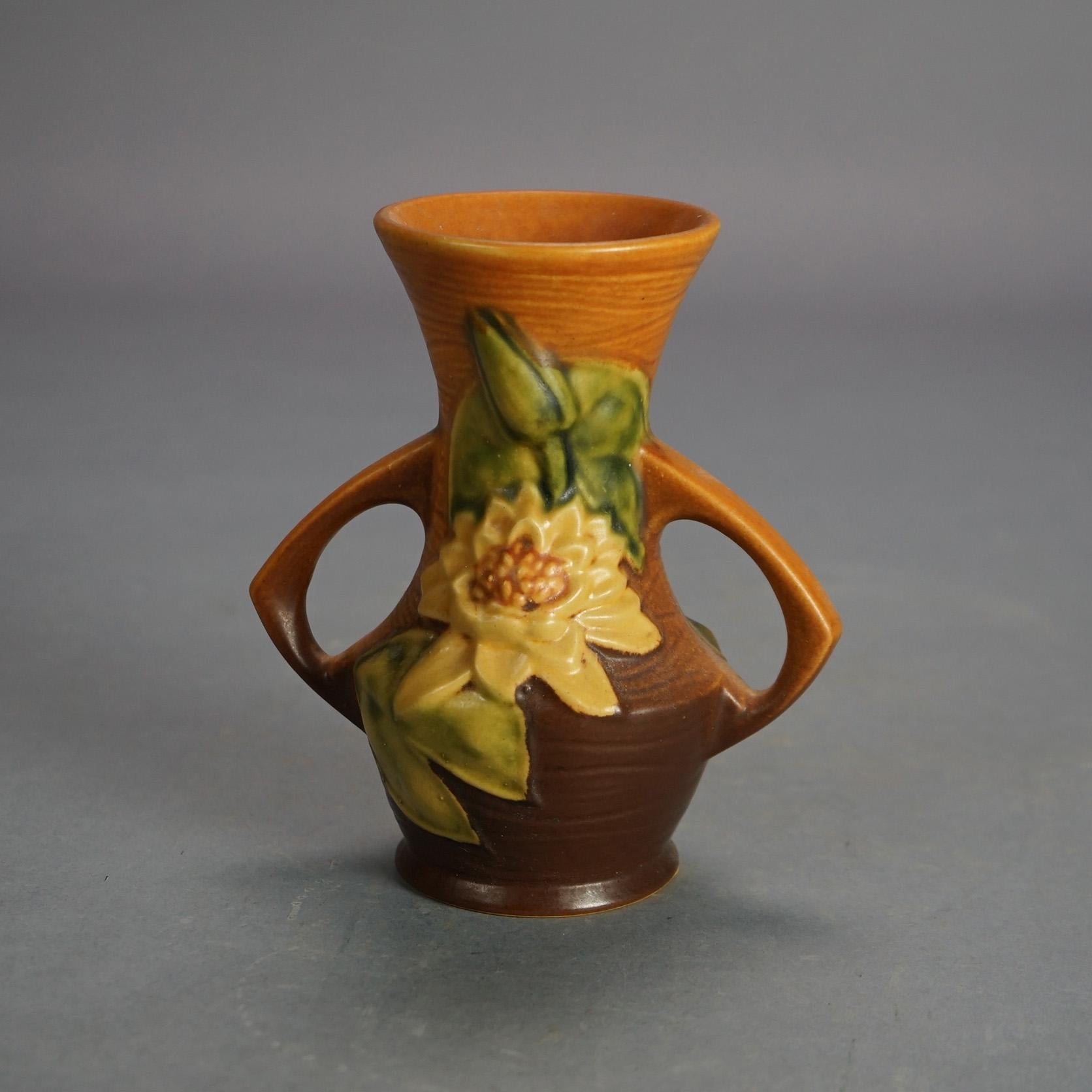 Four Pieces of Brown Roseville Art Pottery with Water Lily Pattern Mid 20thC 2