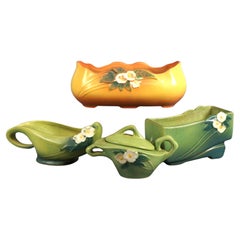 Four Pieces of Green & Yellow Roseville Art Pottery in Mock Orange Pattern 20thC