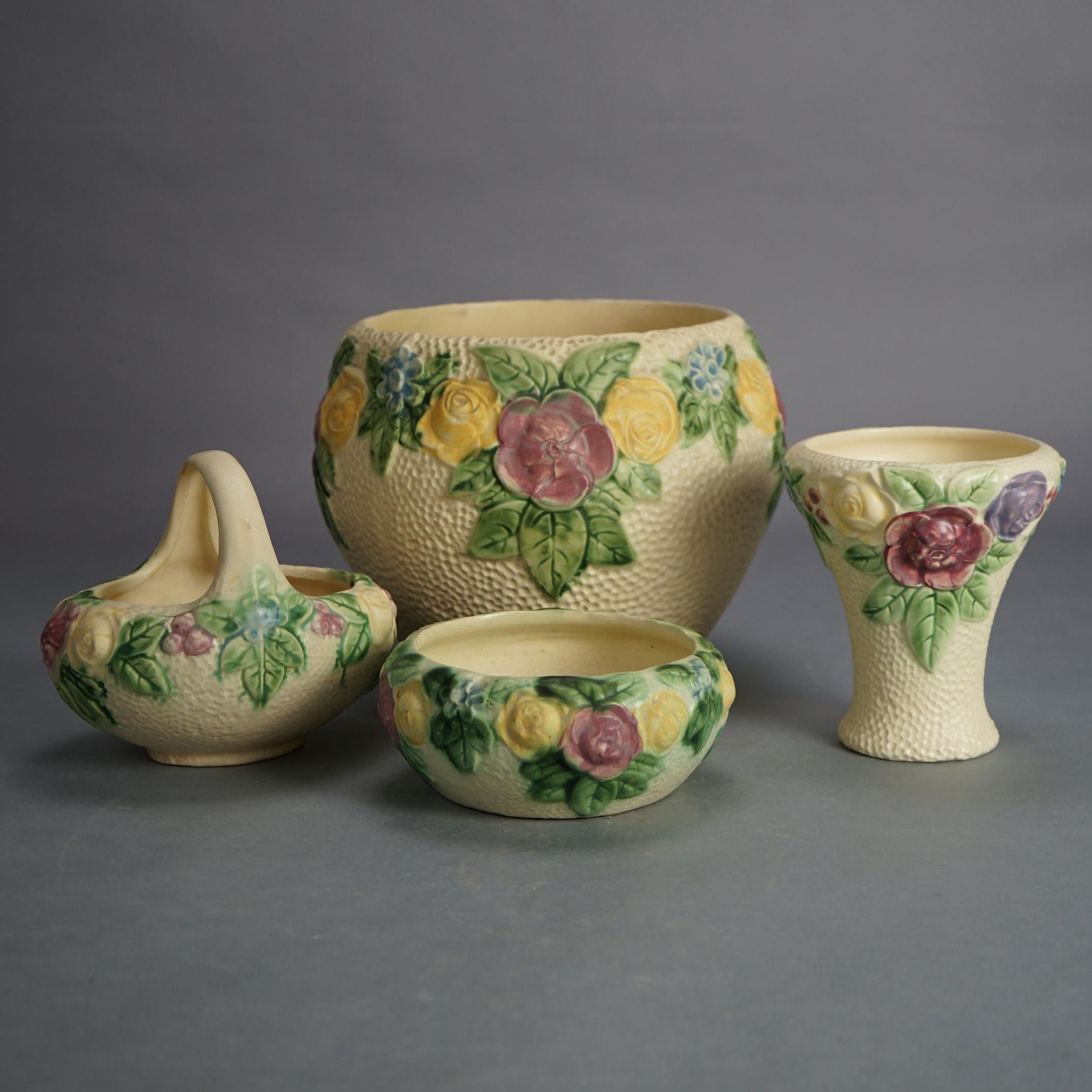 Four Pieces of Roseville Art Pottery including Basket, Bowls & Vase, Rozanne, Mid 20thC

Measures - largest bowl (jardeniere) 8.5