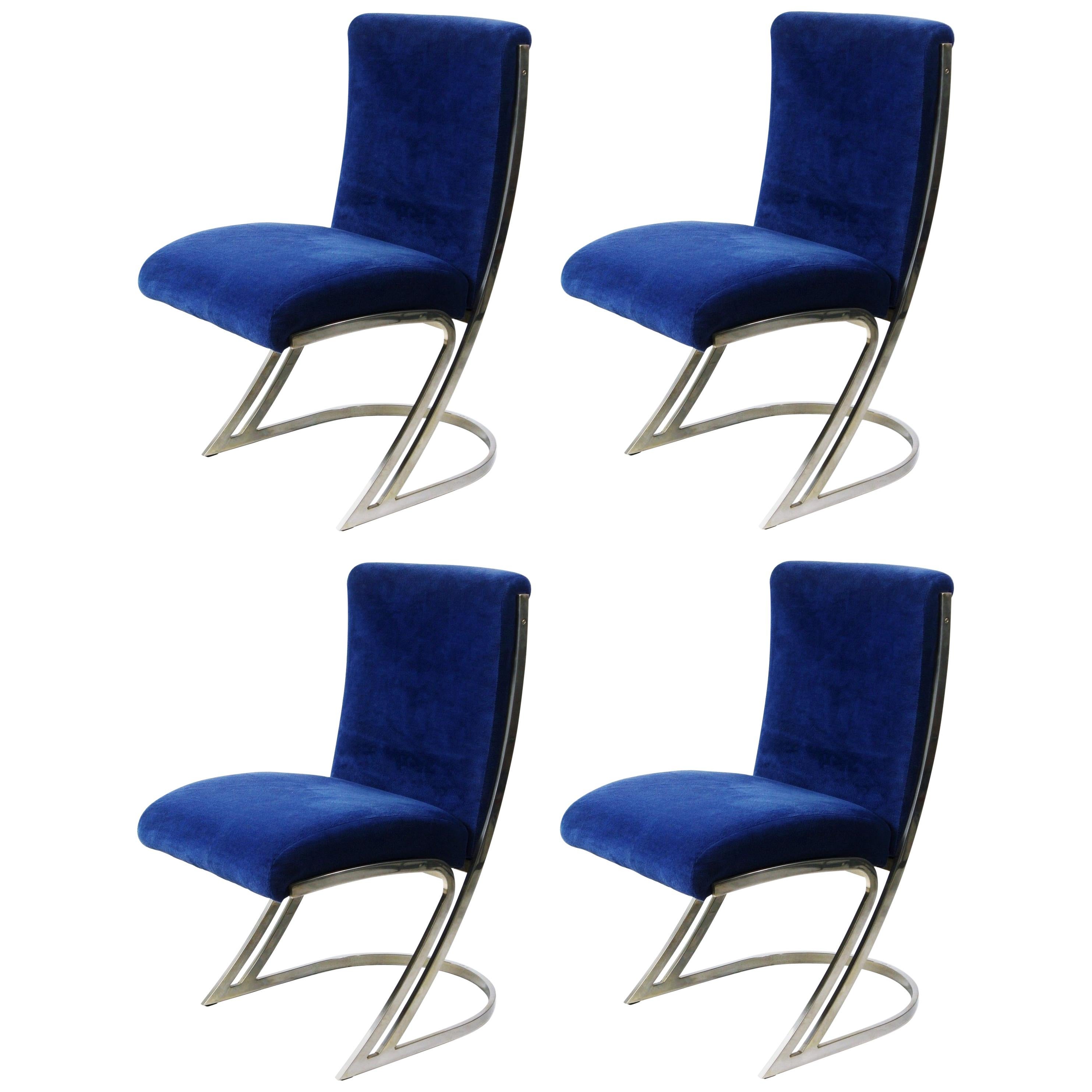 Four Pierre Cardin Chrome Dining Chairs in Blue Velvet