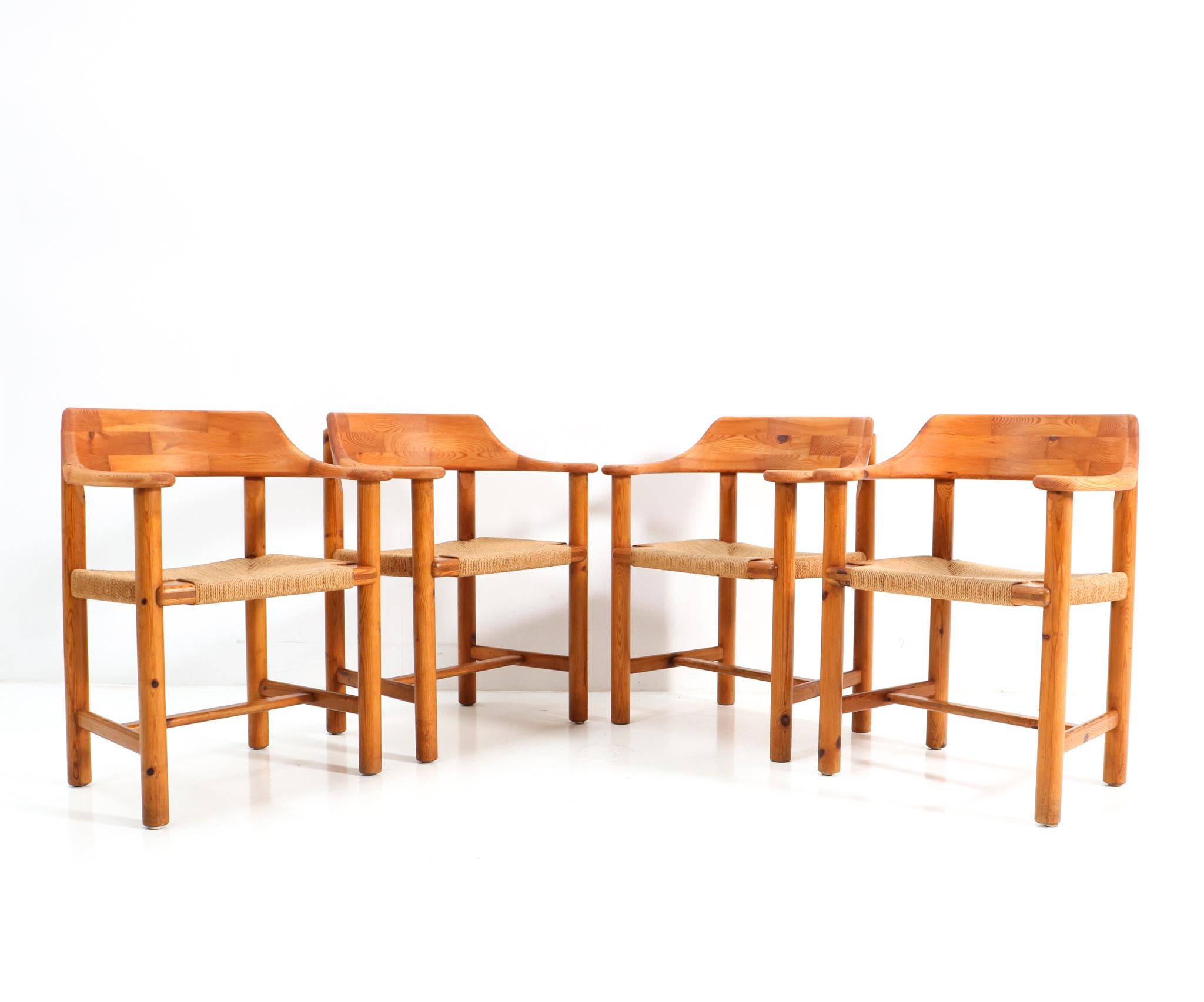 Magnificent and rare set of four Mid-Century Modern armchairs.
Design by Rainer Daumiller for Hirtshals Savvaerk.
Striking Danish design from the 1970s.
Solid pine frames with original papercord seat.
This set is part of the first edition from